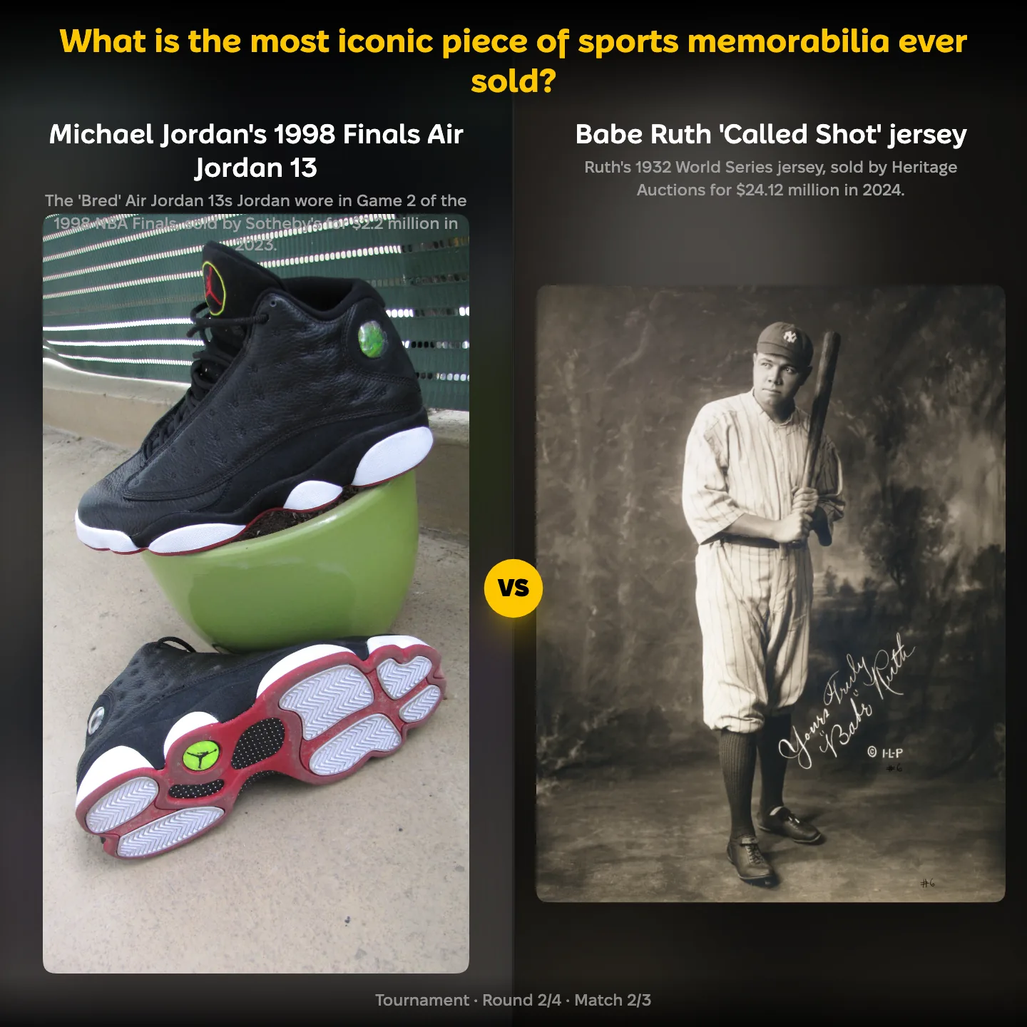 The most iconic sports memorabilia ever sold ranked, Michael Jordan's 1998 Finals Air Jordan 13 against Babe Ruth's called shot jersey