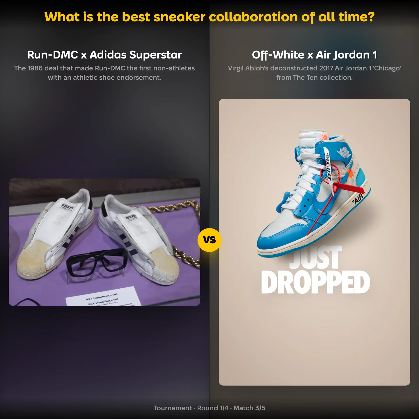 The best sneaker collaboration of all time ranked, Run-DMC x Adidas Superstar against Off-White x Air Jordan 1