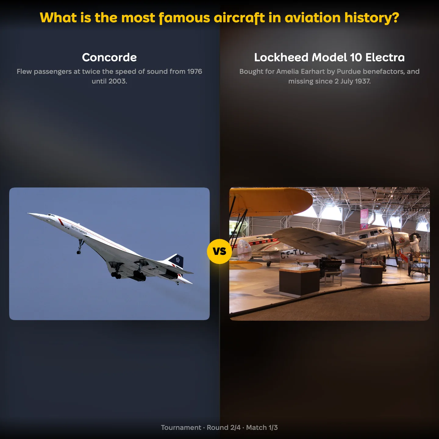 Concorde against the Lockheed Model 10 Electra in the ranking of the most famous aircraft in aviation history