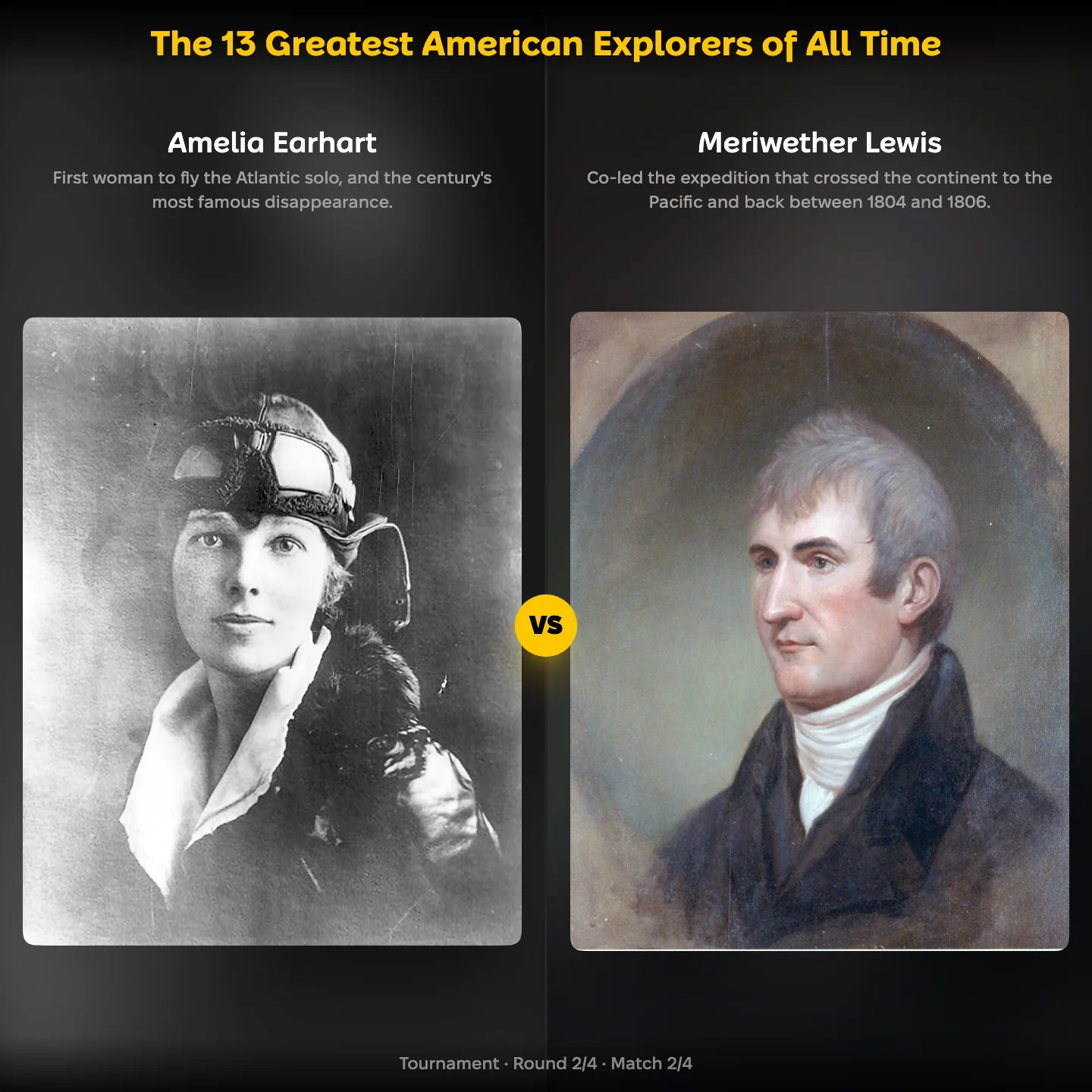 Amelia Earhart against Meriwether Lewis in the 13 greatest American explorers of all time