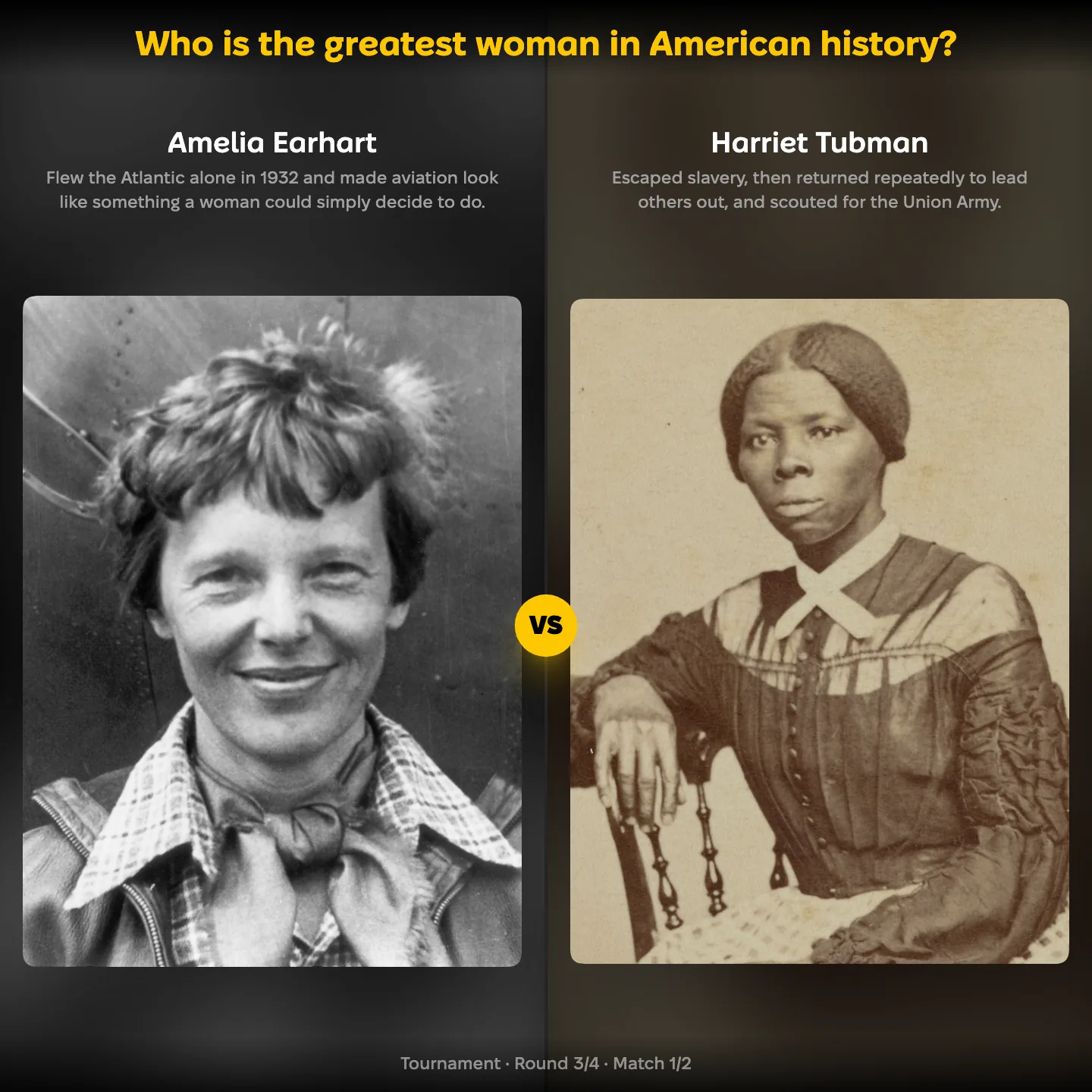Amelia Earhart against Harriet Tubman in the ranking of the greatest woman in American history