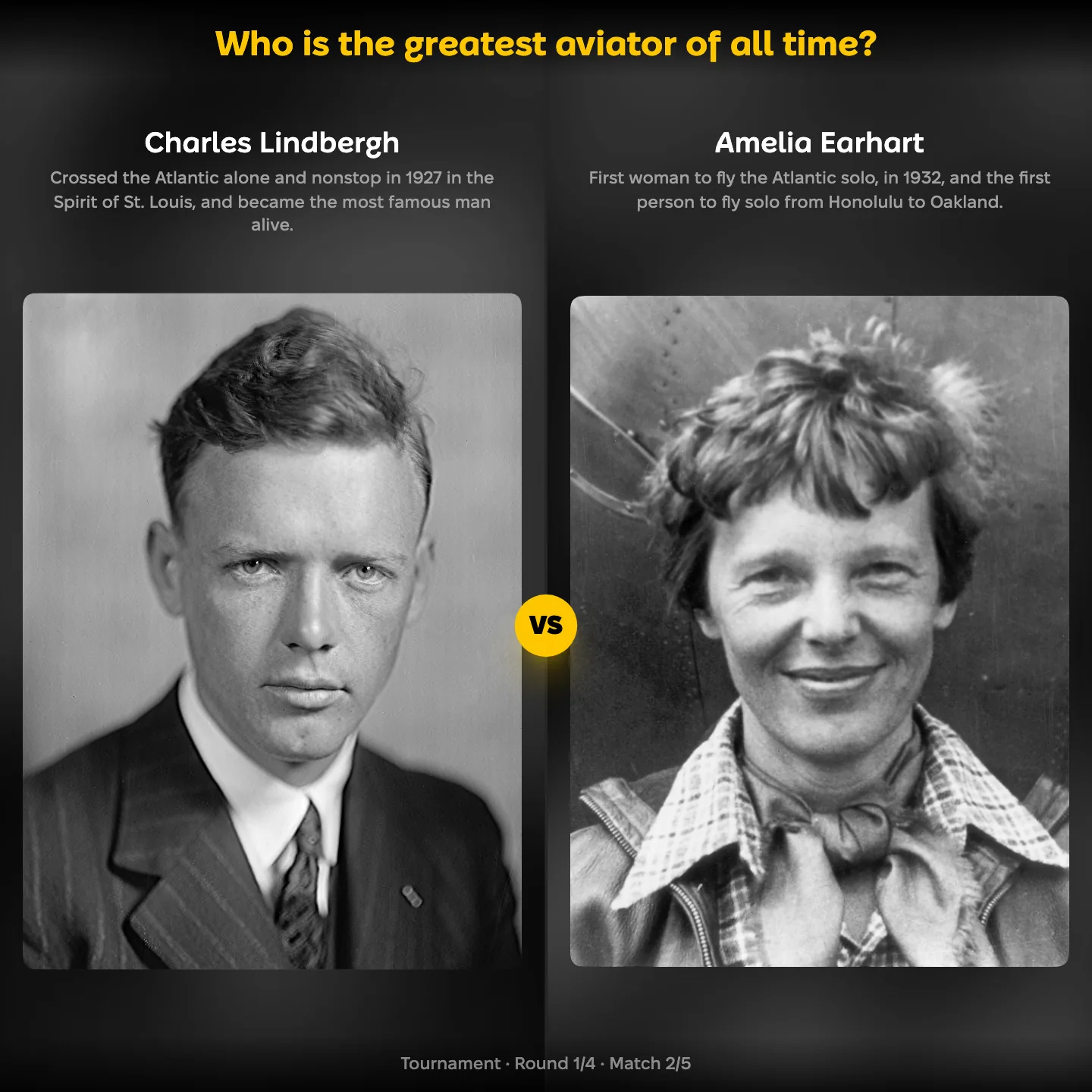 Charles Lindbergh against Amelia Earhart in the ranking of the greatest aviator of all time