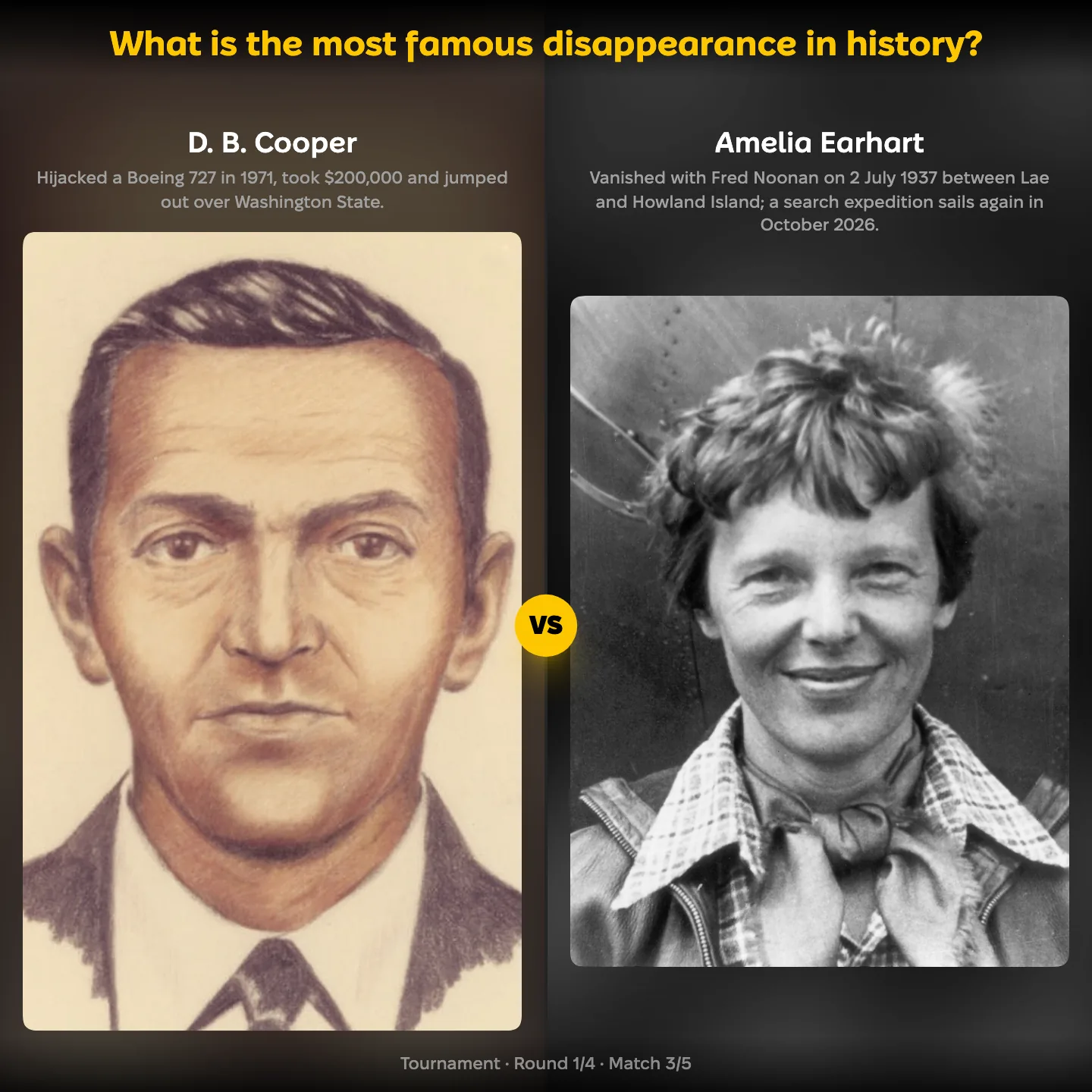D. B. Cooper against Amelia Earhart in the ranking of the most famous disappearance in history