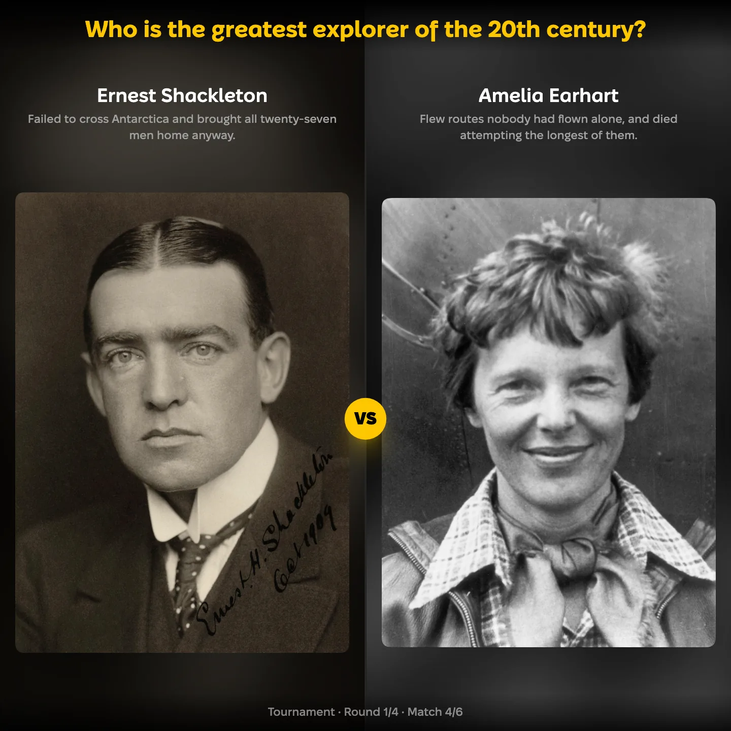 Ernest Shackleton against Amelia Earhart in the ranking of the greatest explorer of the 20th century