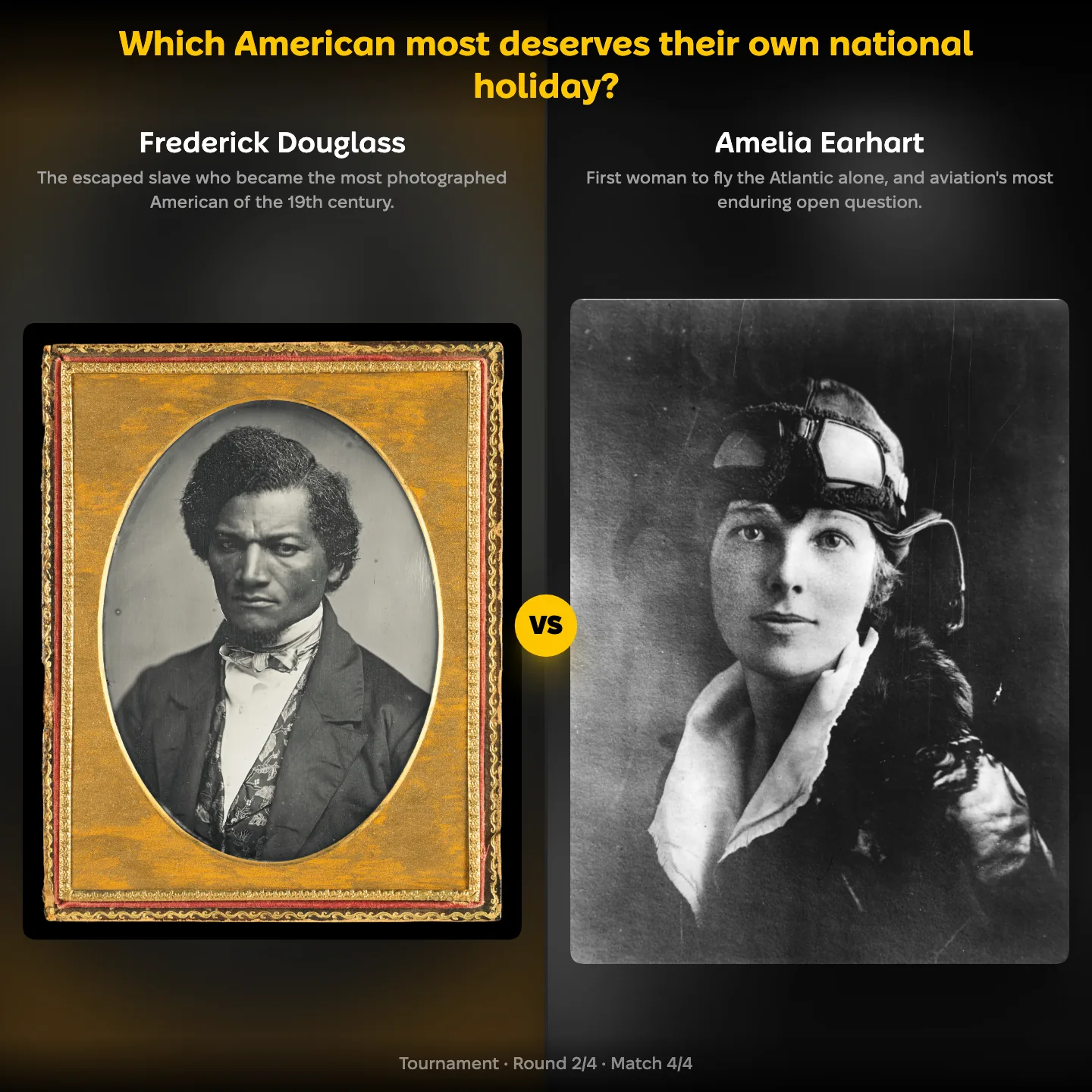 Frederick Douglass against Amelia Earhart in the ranking of which American most deserves their own national holiday