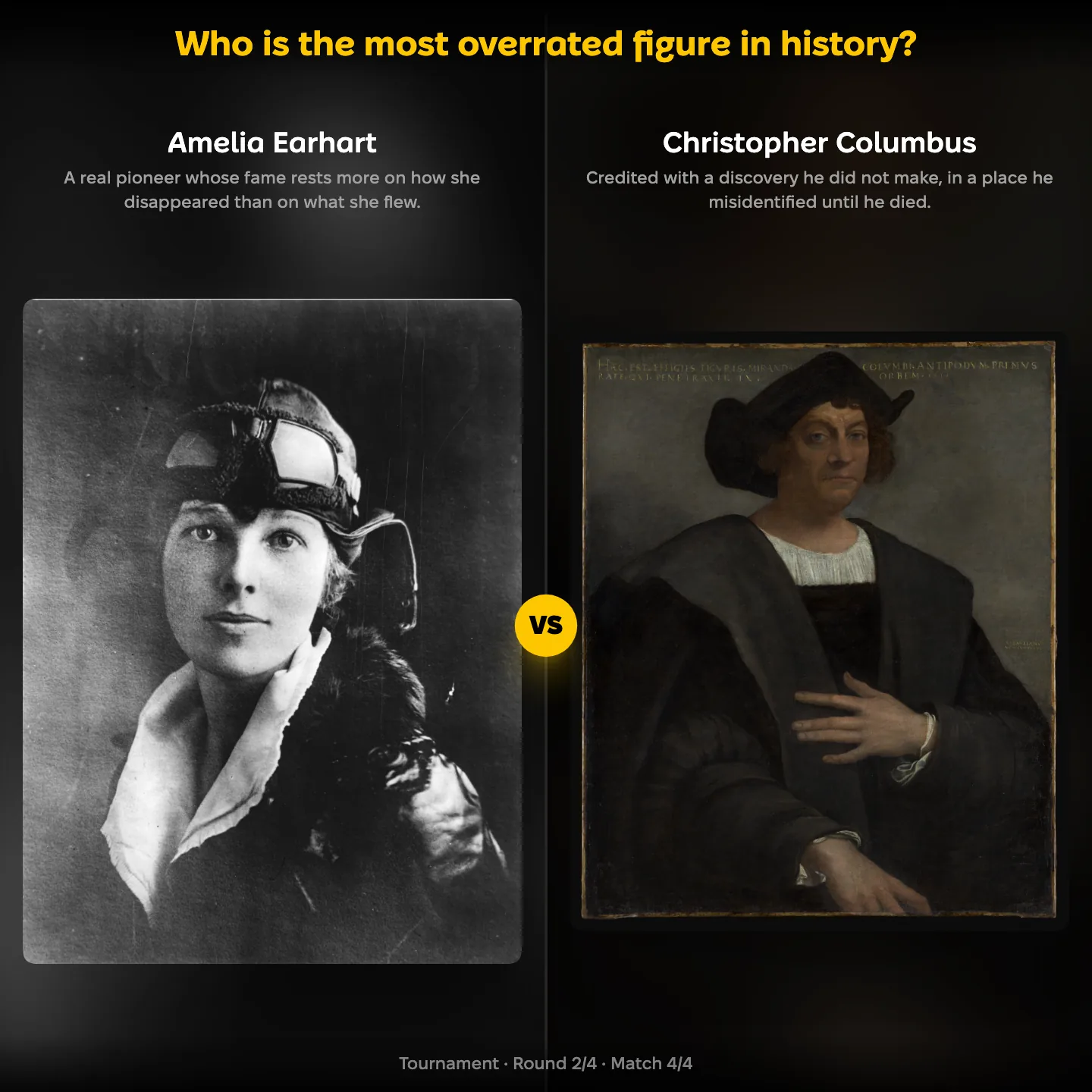 Amelia Earhart against Christopher Columbus in the ranking of the most overrated figure in history