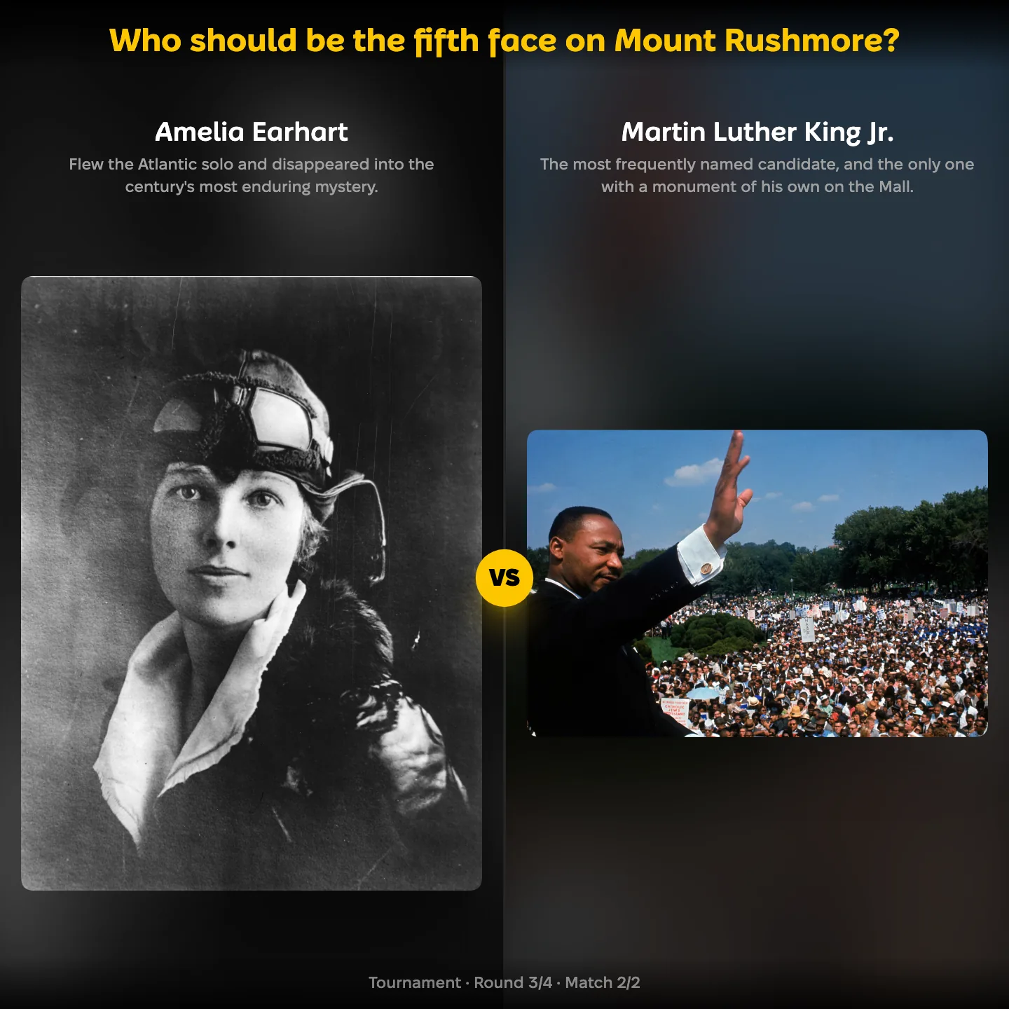 Amelia Earhart against Martin Luther King Jr. in the ranking of who should be the fifth face on Mount Rushmore