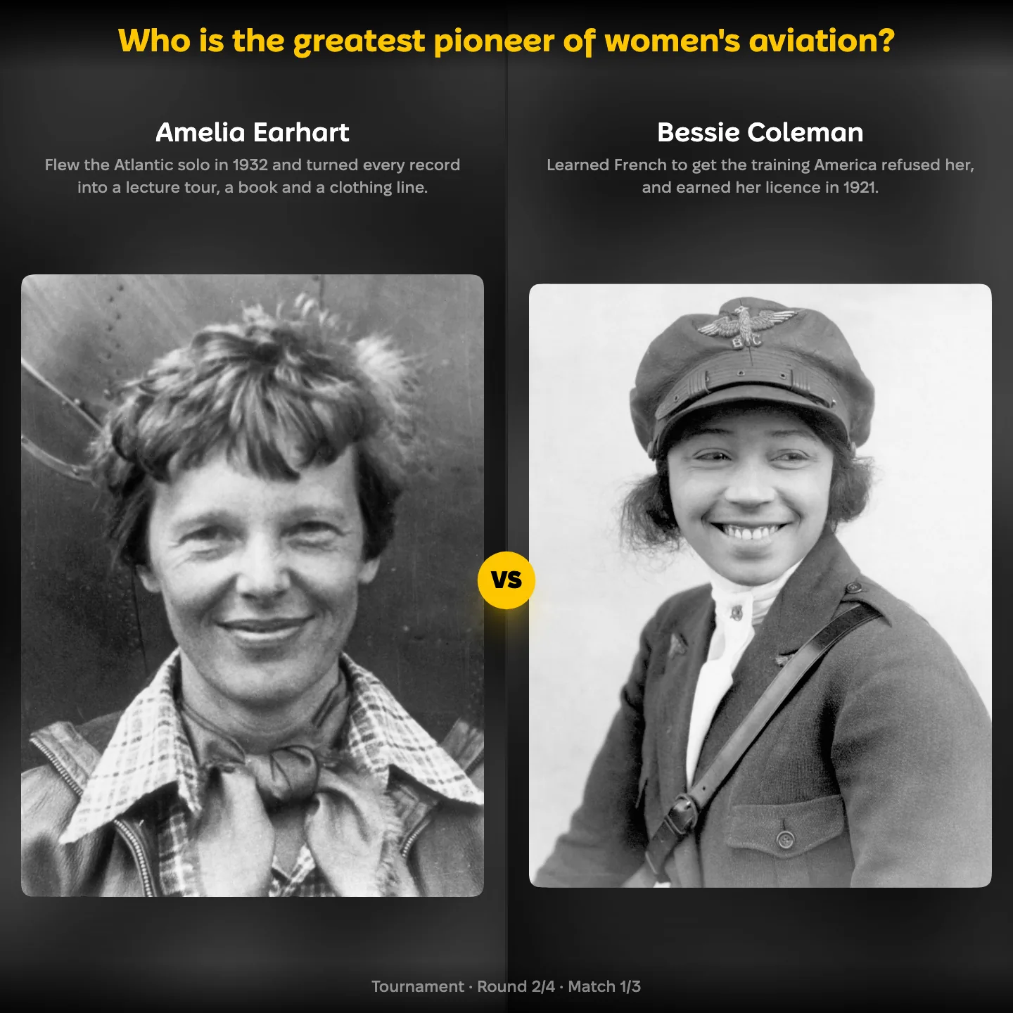 Amelia Earhart against Bessie Coleman in the ranking of the greatest pioneer of women's aviation