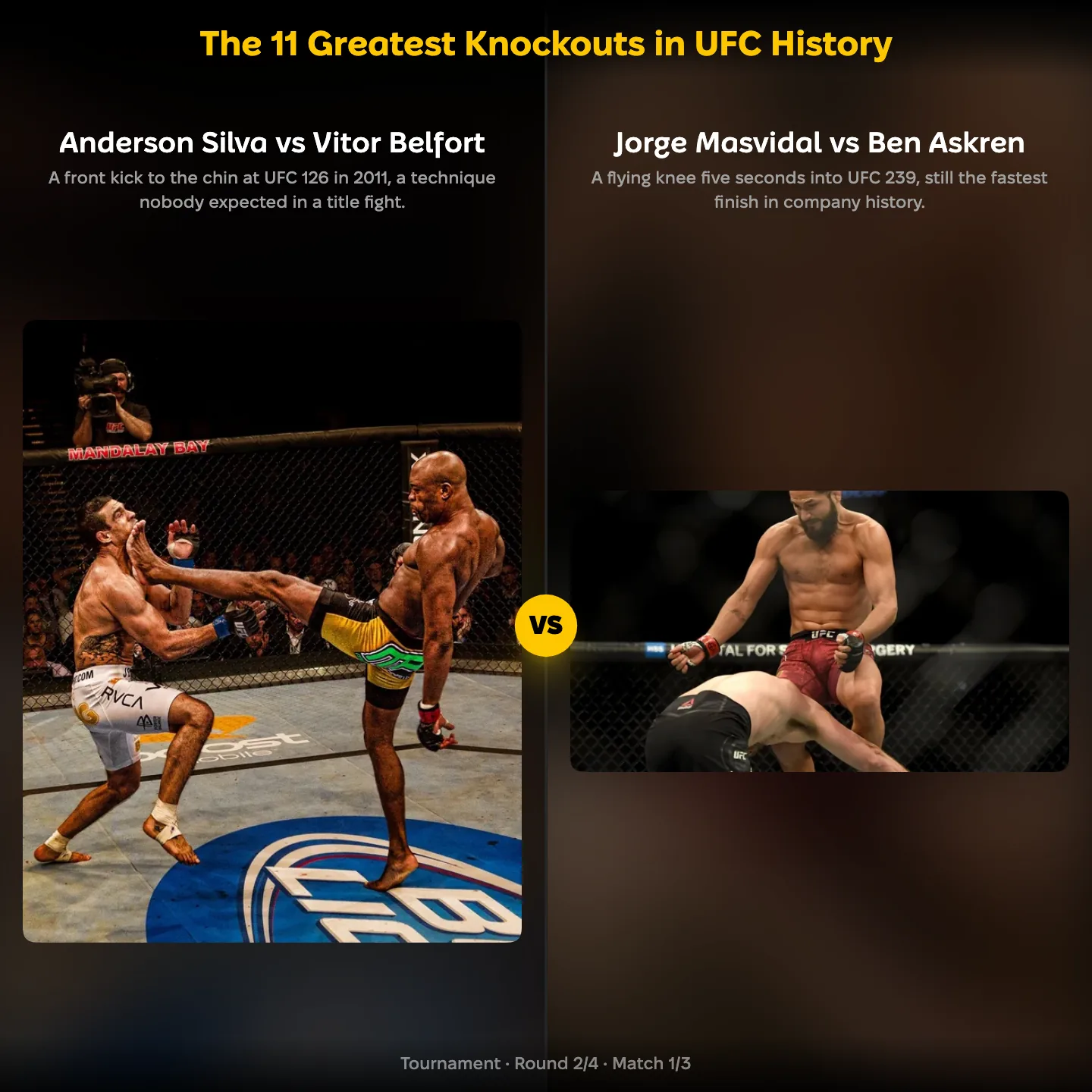 The 11 greatest knockouts in UFC history, ranked: Anderson Silva's front kick on Vitor Belfort against Jorge Masvidal's flying knee