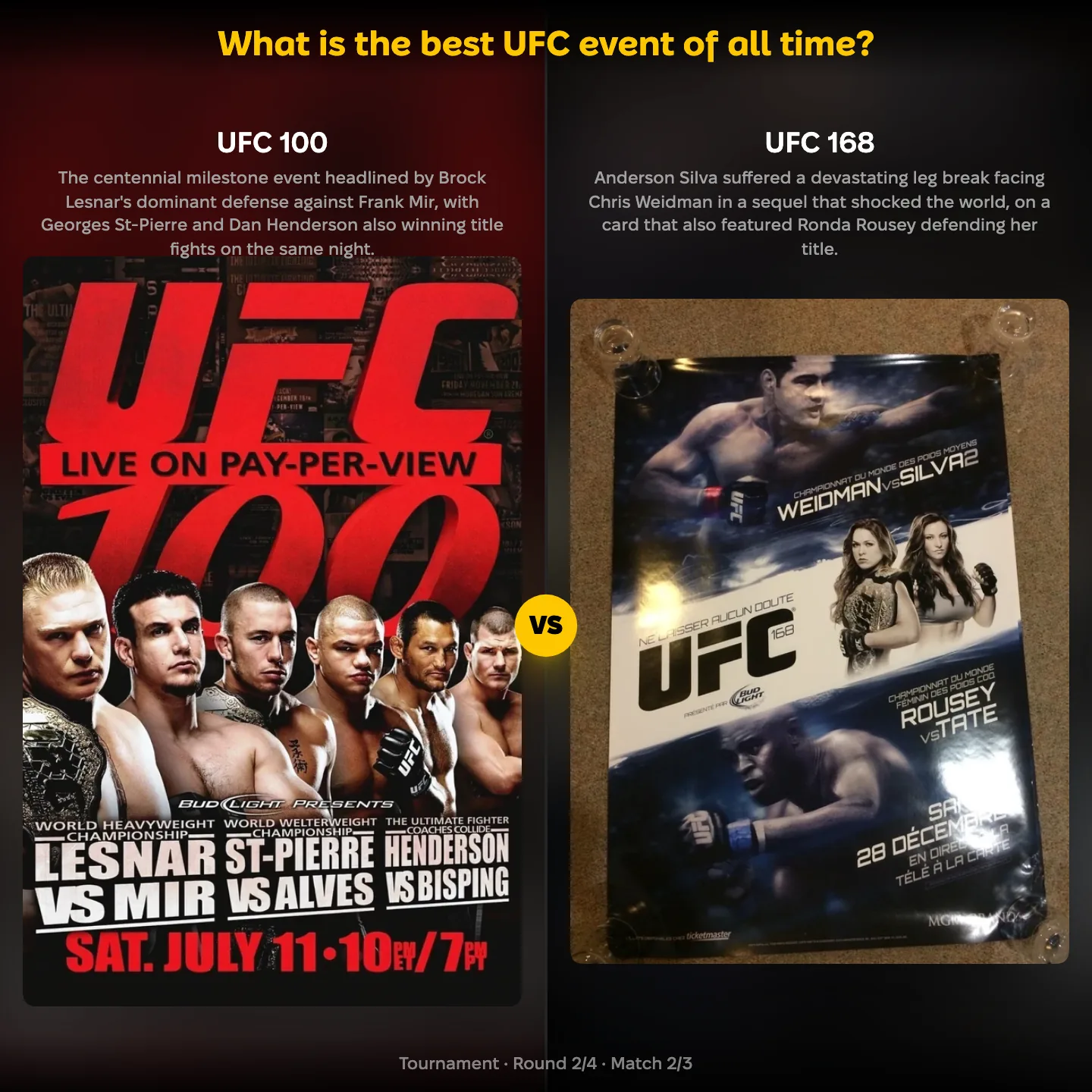 What is the best UFC event of all time, ranked: UFC 100 against UFC 168, the Silva versus Weidman rematch