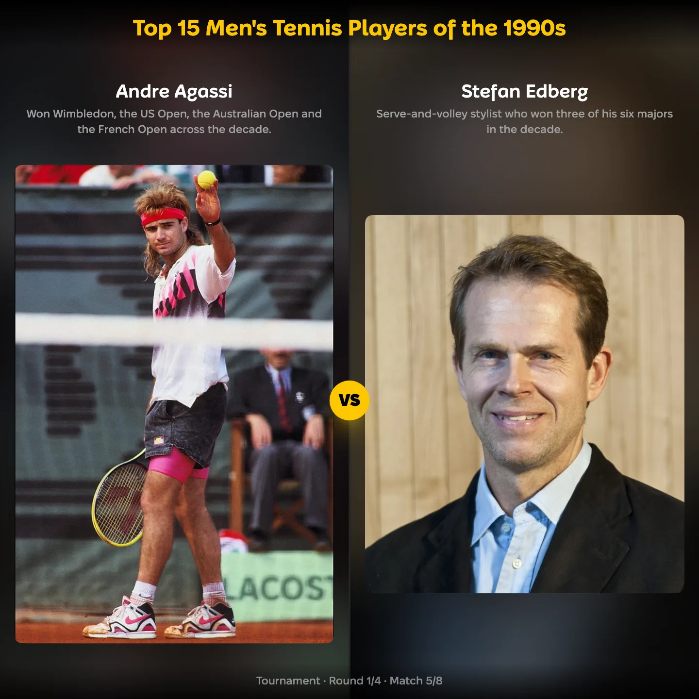 Andre Agassi against Stefan Edberg in the ranking of the top 15 men's tennis players of the 1990s