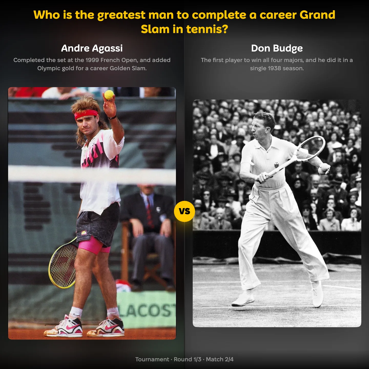 Andre Agassi against Don Budge in the ranking of the greatest man to complete a career Grand Slam in tennis