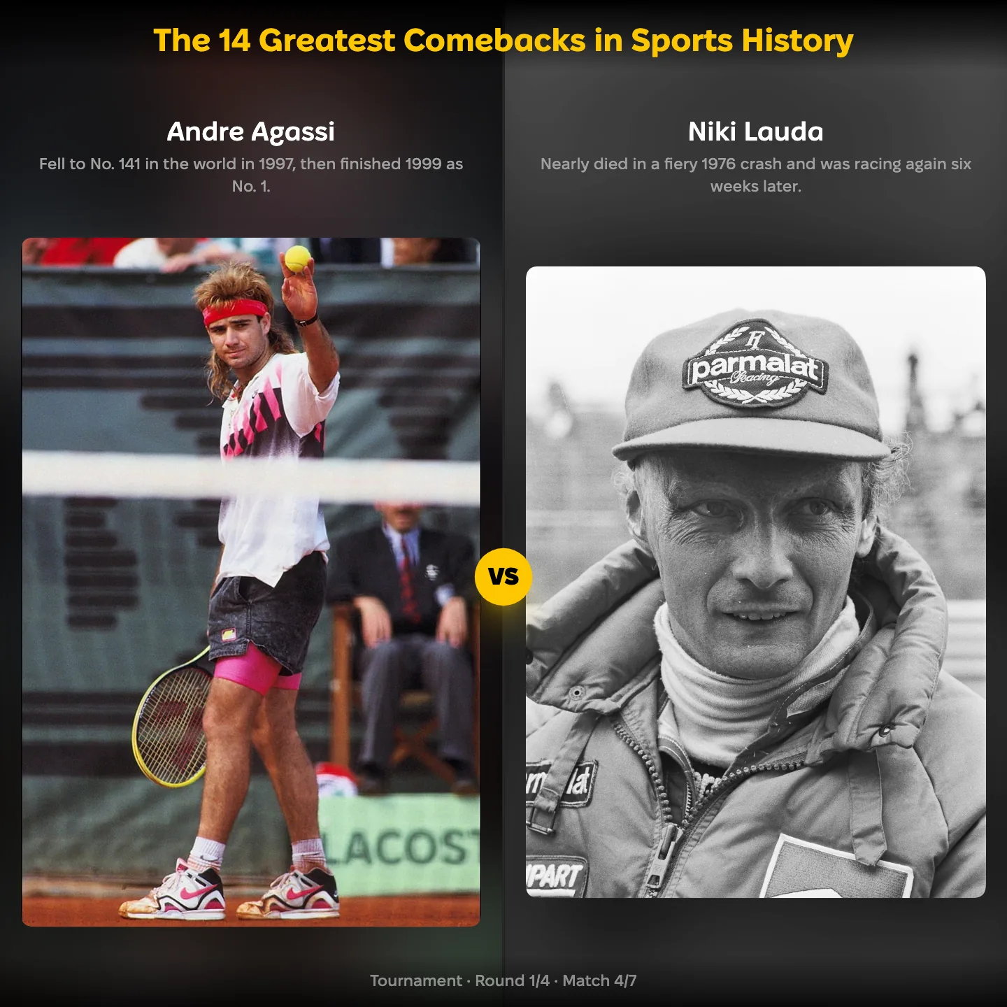 Andre Agassi against Niki Lauda in the ranking of the 14 greatest comebacks in sports history
