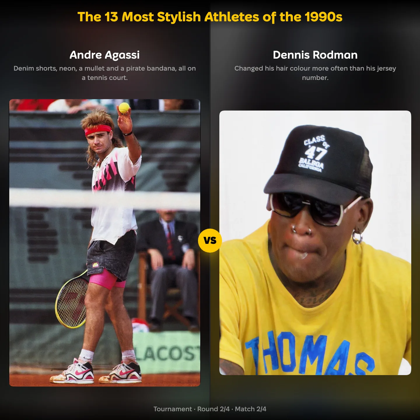 Andre Agassi against Dennis Rodman in the ranking of the 13 most stylish athletes of the 1990s