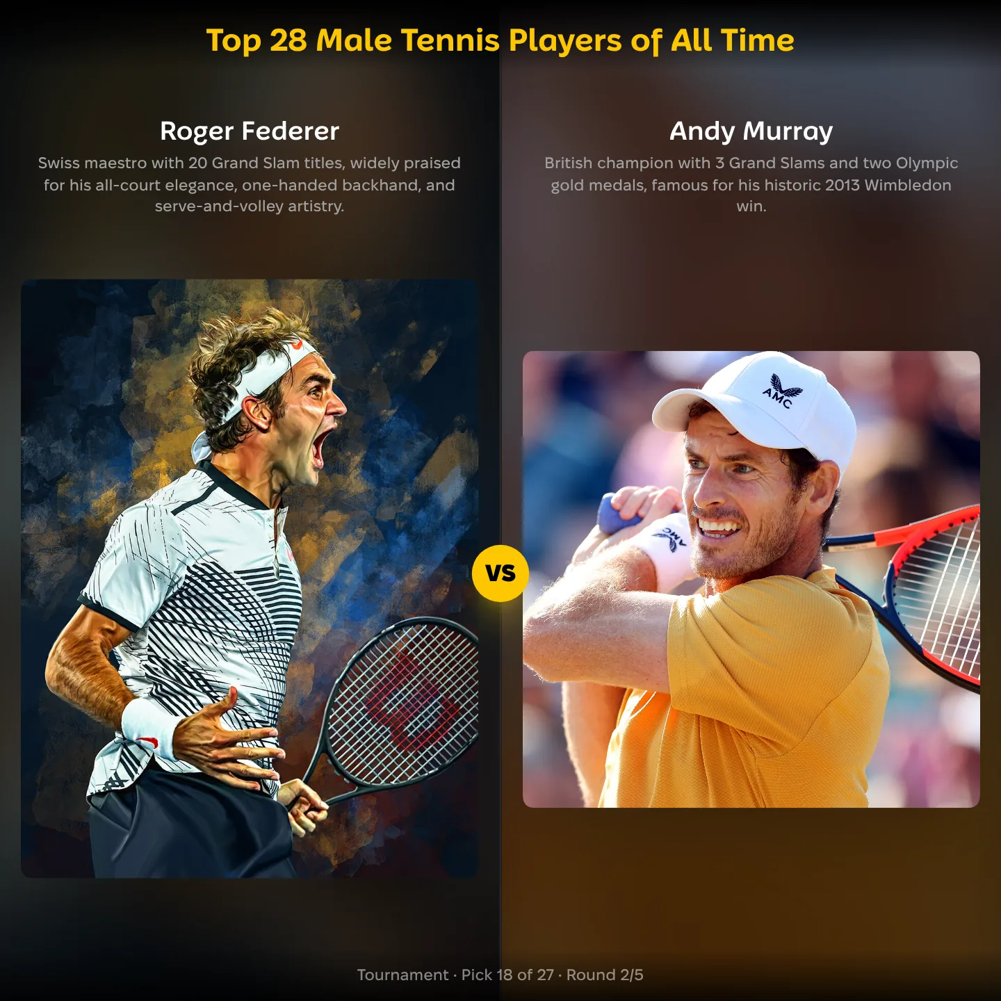 Top 28 male tennis players of all time, Andy Murray against Roger Federer