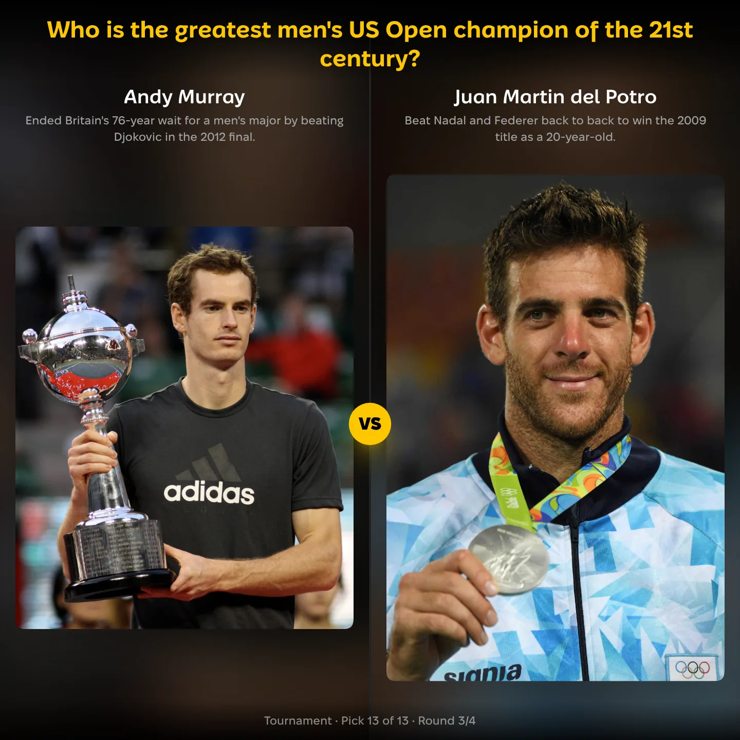 The greatest men's US Open champion of the 21st century, Andy Murray against Juan Martín del Potro