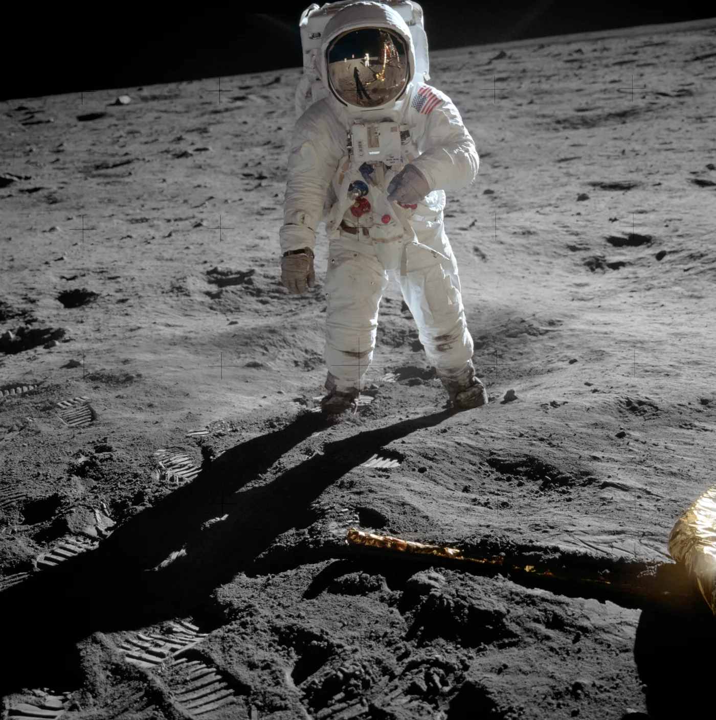 Buzz Aldrin standing on the lunar surface during Apollo 11, photographed by Neil Armstrong