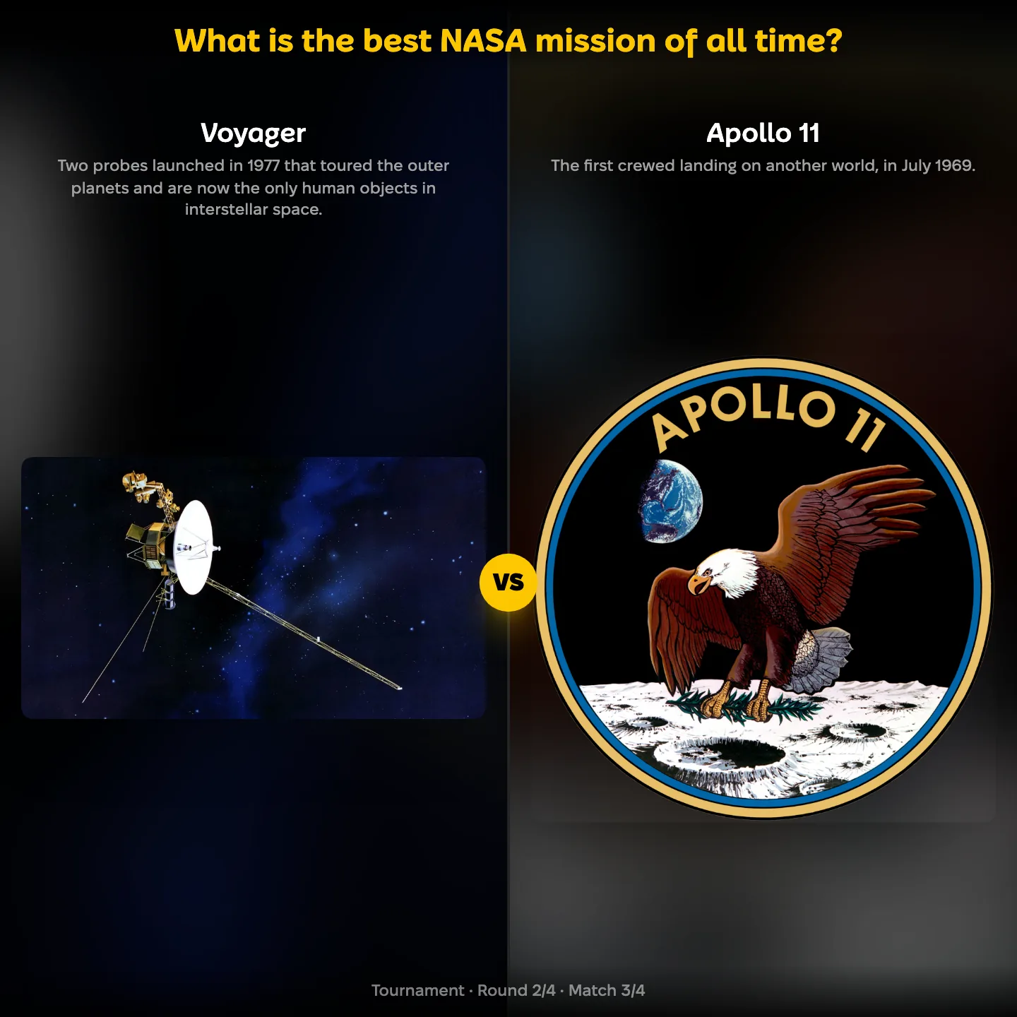 Voyager against Apollo 11 in a ranking of the best NASA mission of all time