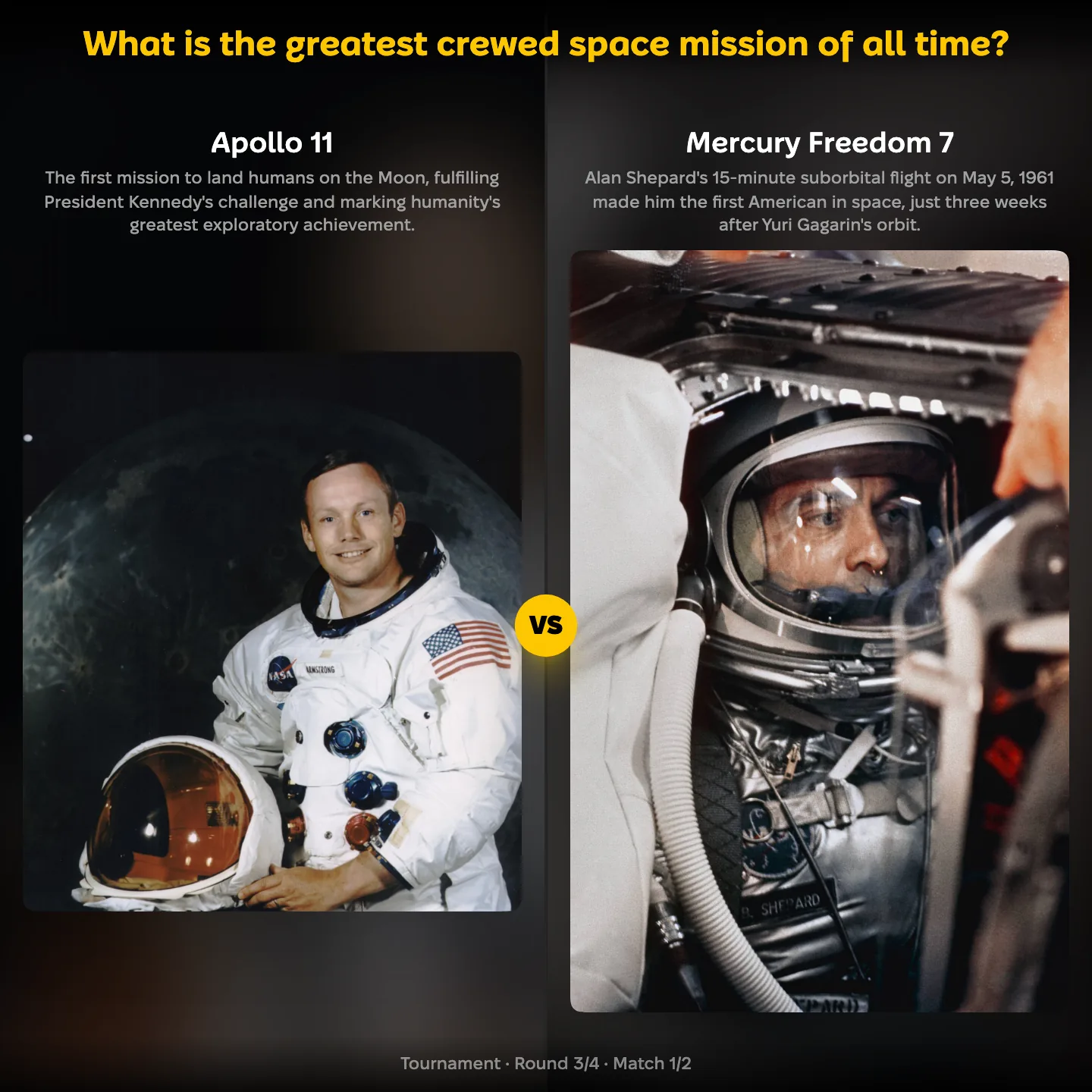 Apollo 11 against Mercury Freedom 7 in a ranking of the greatest crewed space missions