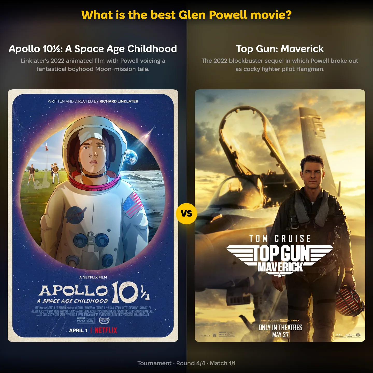 Apollo 10½ against Top Gun: Maverick in a ranking of the best Glen Powell movie