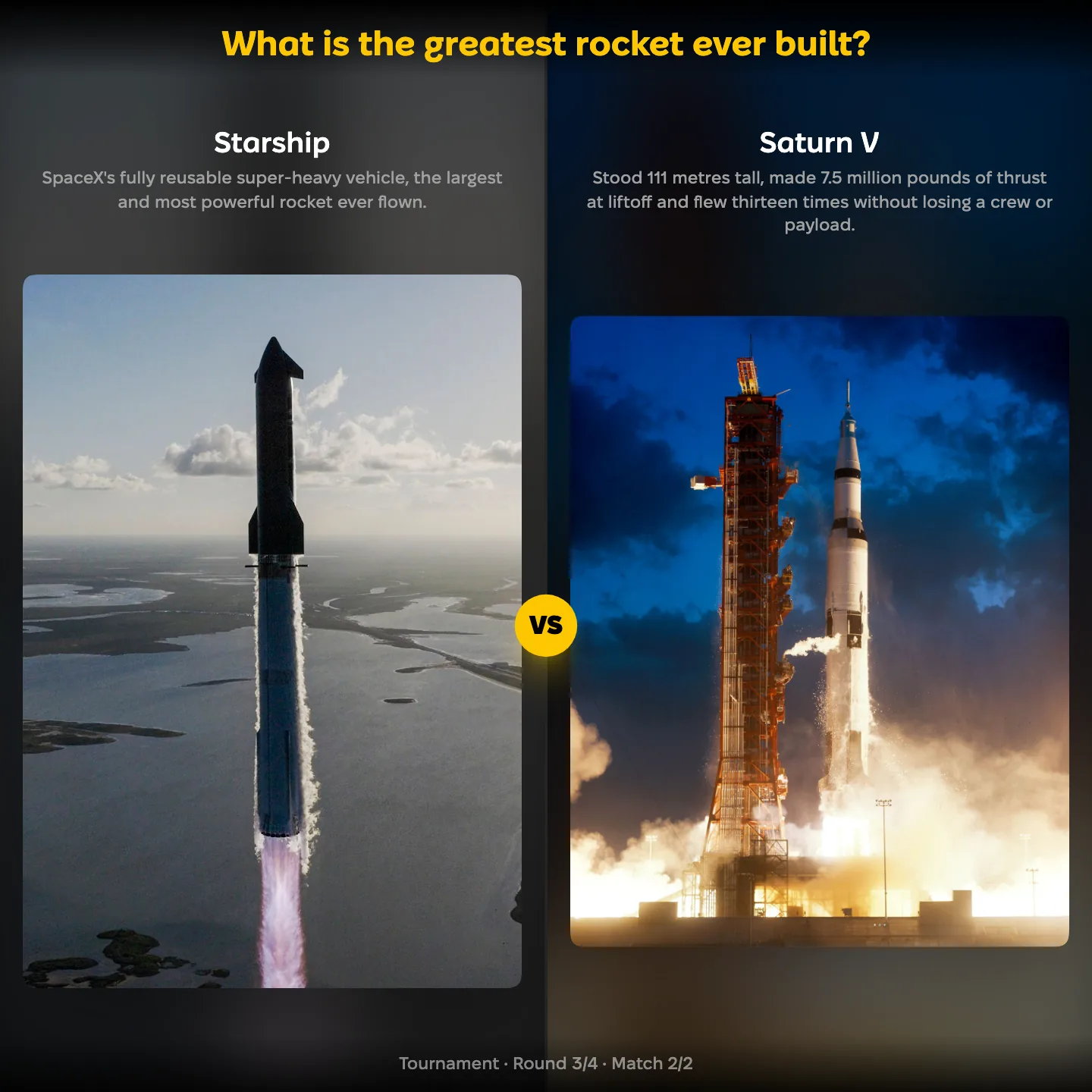 Starship against the Saturn V in a ranking of the greatest rocket ever built