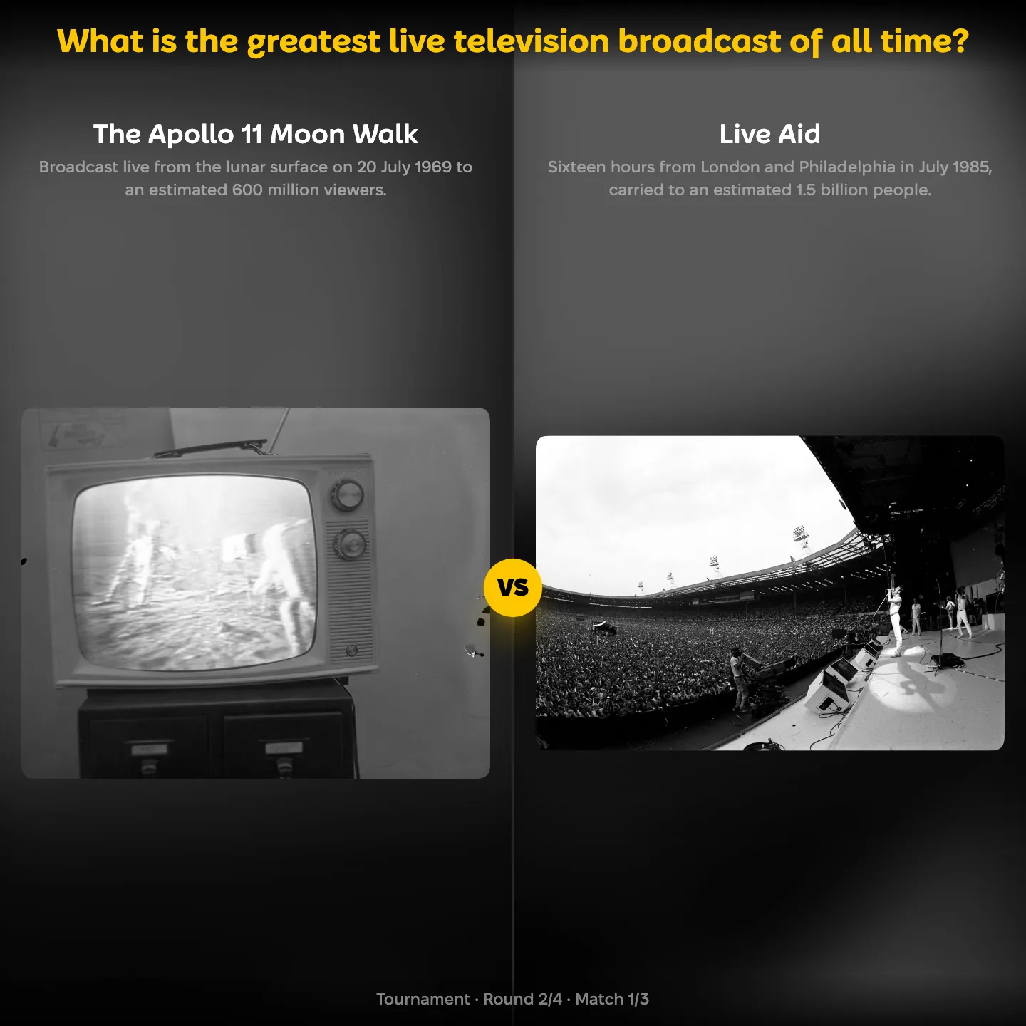 The Apollo 11 Moon Walk against Live Aid in a ranking of the greatest live television broadcast