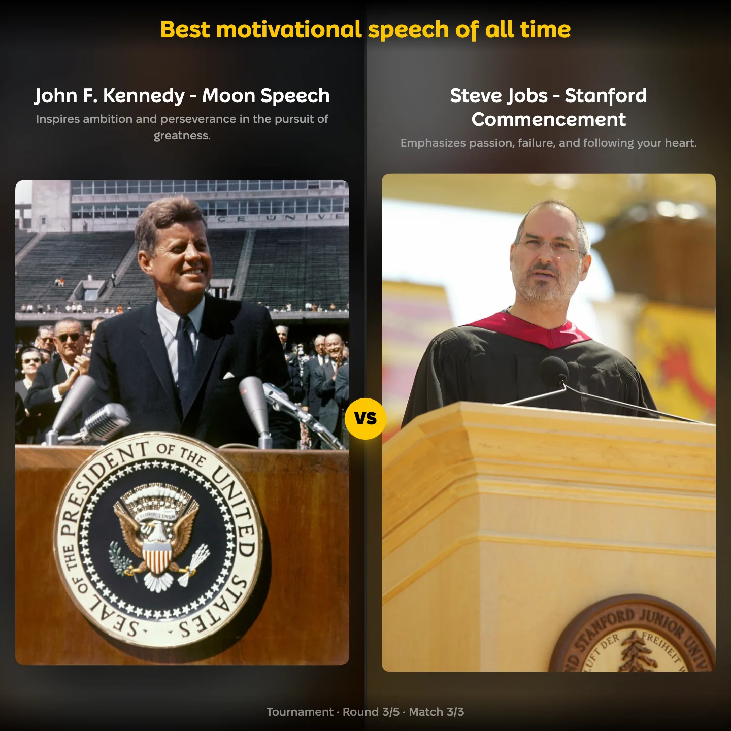 John F. Kennedy's Moon Speech against Steve Jobs at Stanford in a ranking of the best motivational speech