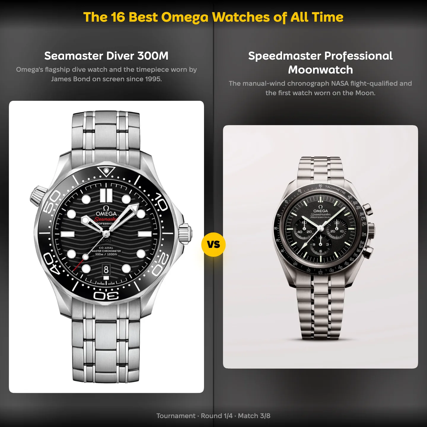 The Seamaster Diver 300M against the Speedmaster Professional Moonwatch in a ranking of the best Omega watches