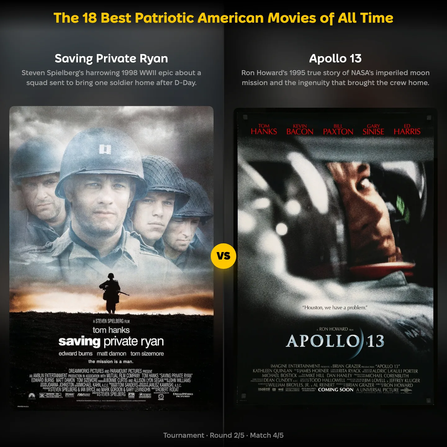 Saving Private Ryan against Apollo 13 in a ranking of the best patriotic American movies