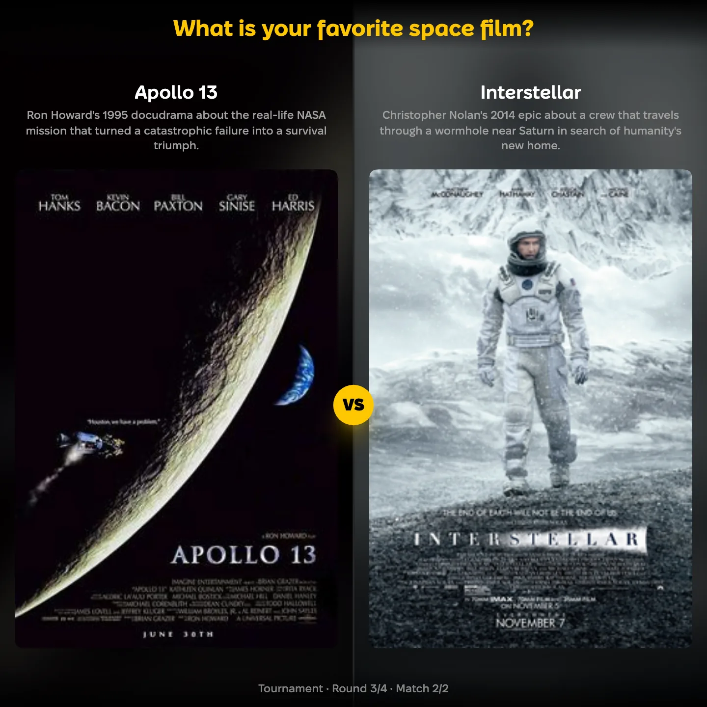 Apollo 13 against Interstellar in a ranking of favorite space films