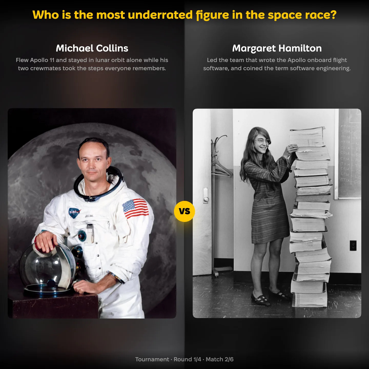 Michael Collins against Margaret Hamilton in a ranking of the most underrated figure in the space race