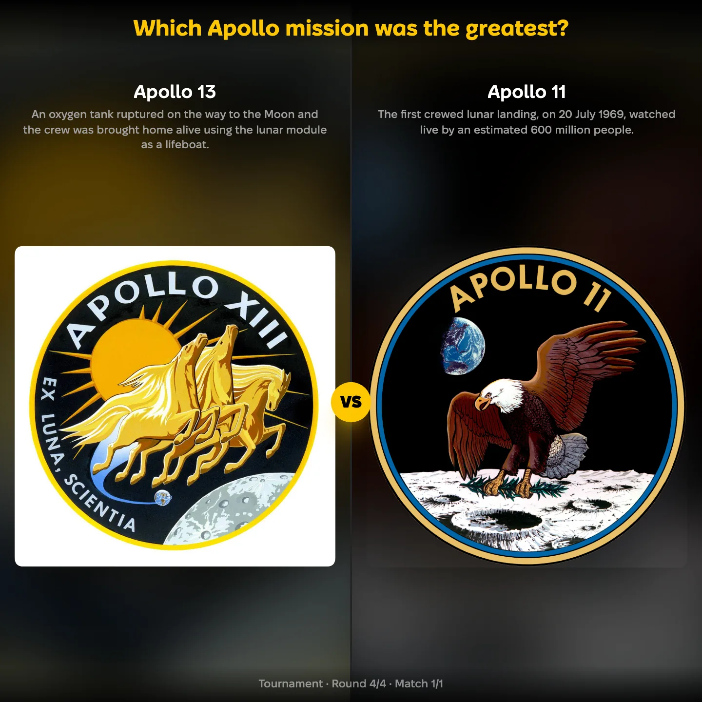Apollo 13 against Apollo 11 in a ranking of the greatest Apollo mission