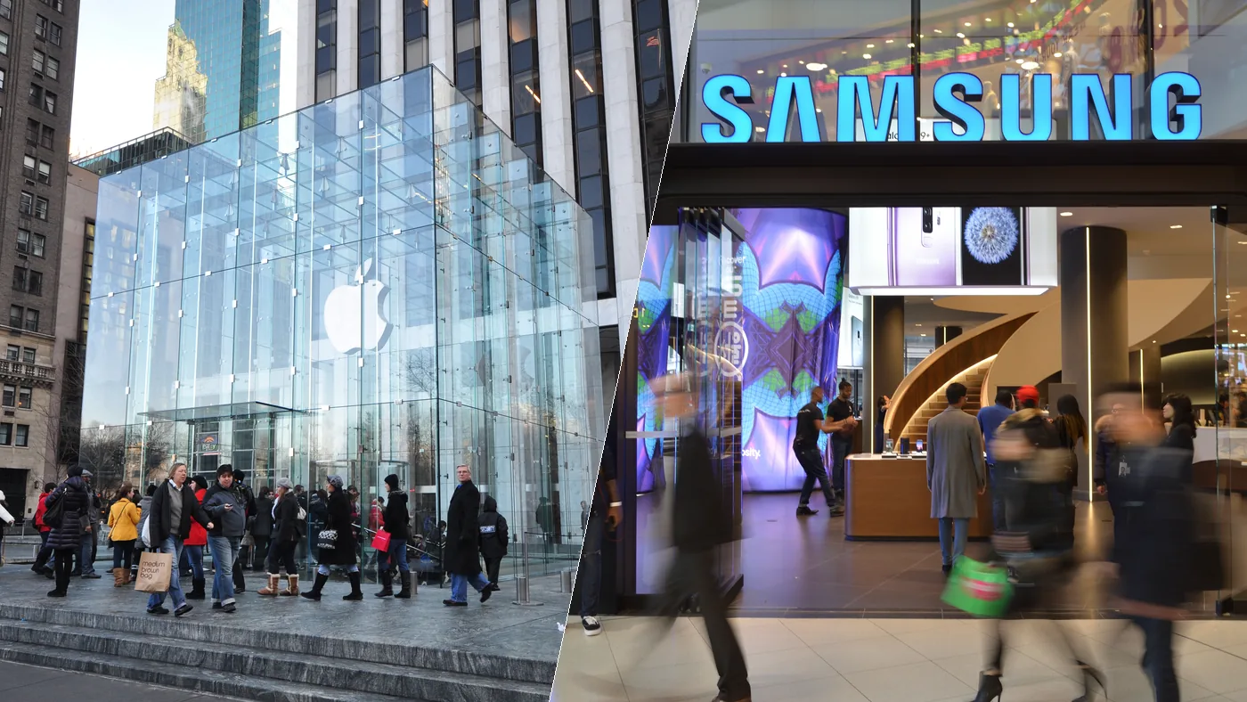 Apple and Samsung flagship stores — the Fifth Avenue glass cube in New York and a Samsung Experience Store