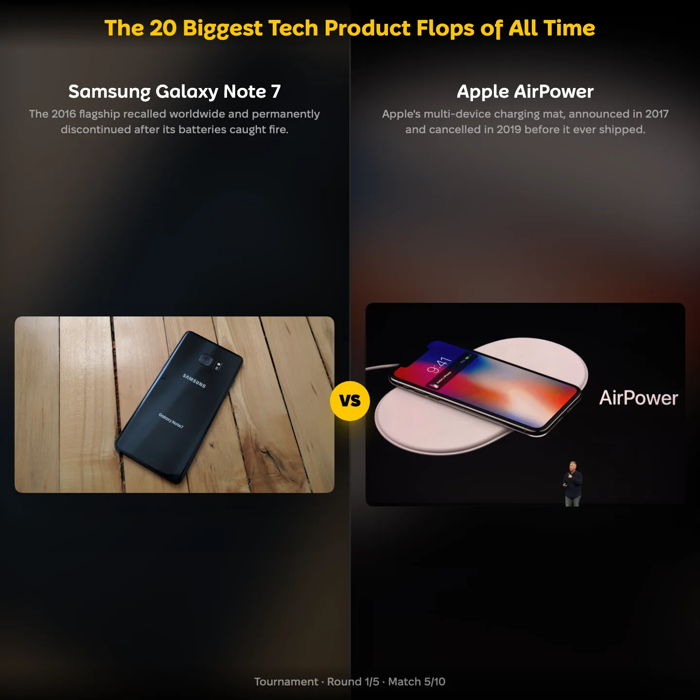 The 20 Biggest Tech Product Flops of All Time ranking, showing the Samsung Galaxy Note 7 against Apple AirPower