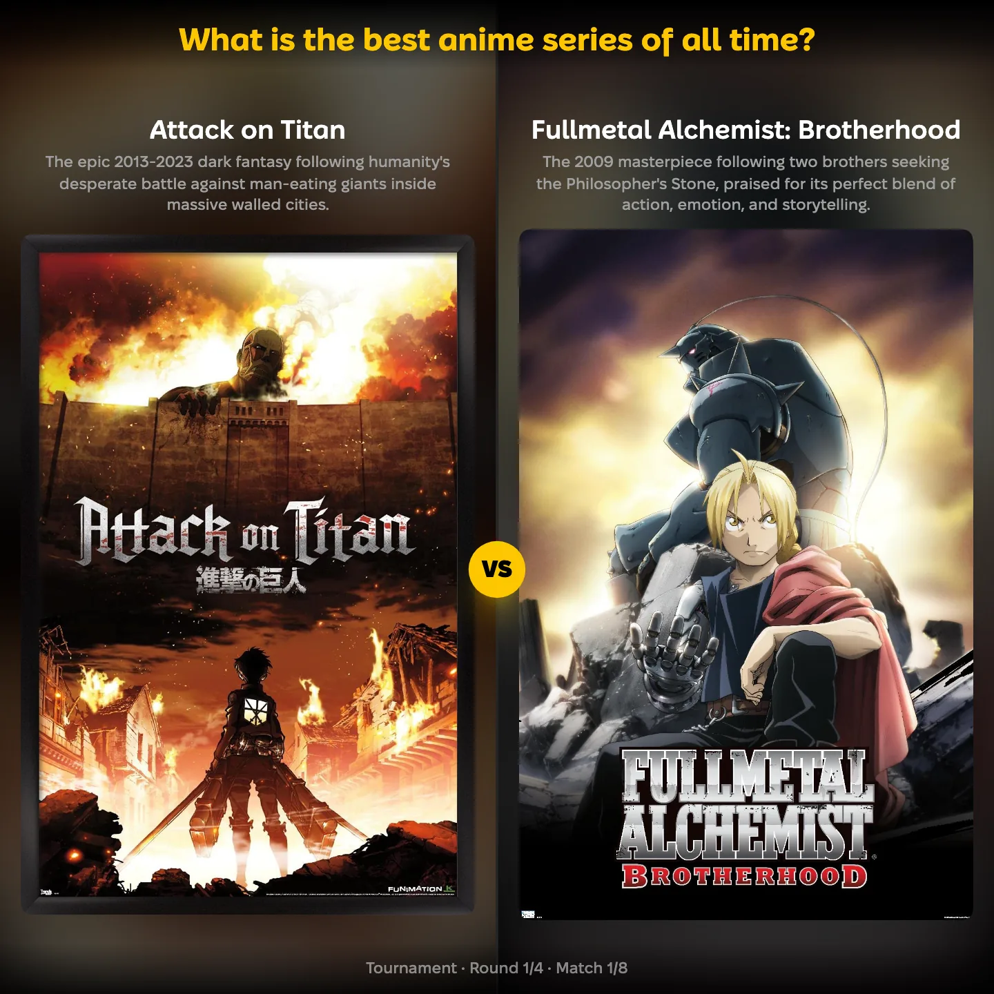 The best anime series of all time ranked, with Attack on Titan against Fullmetal Alchemist: Brotherhood