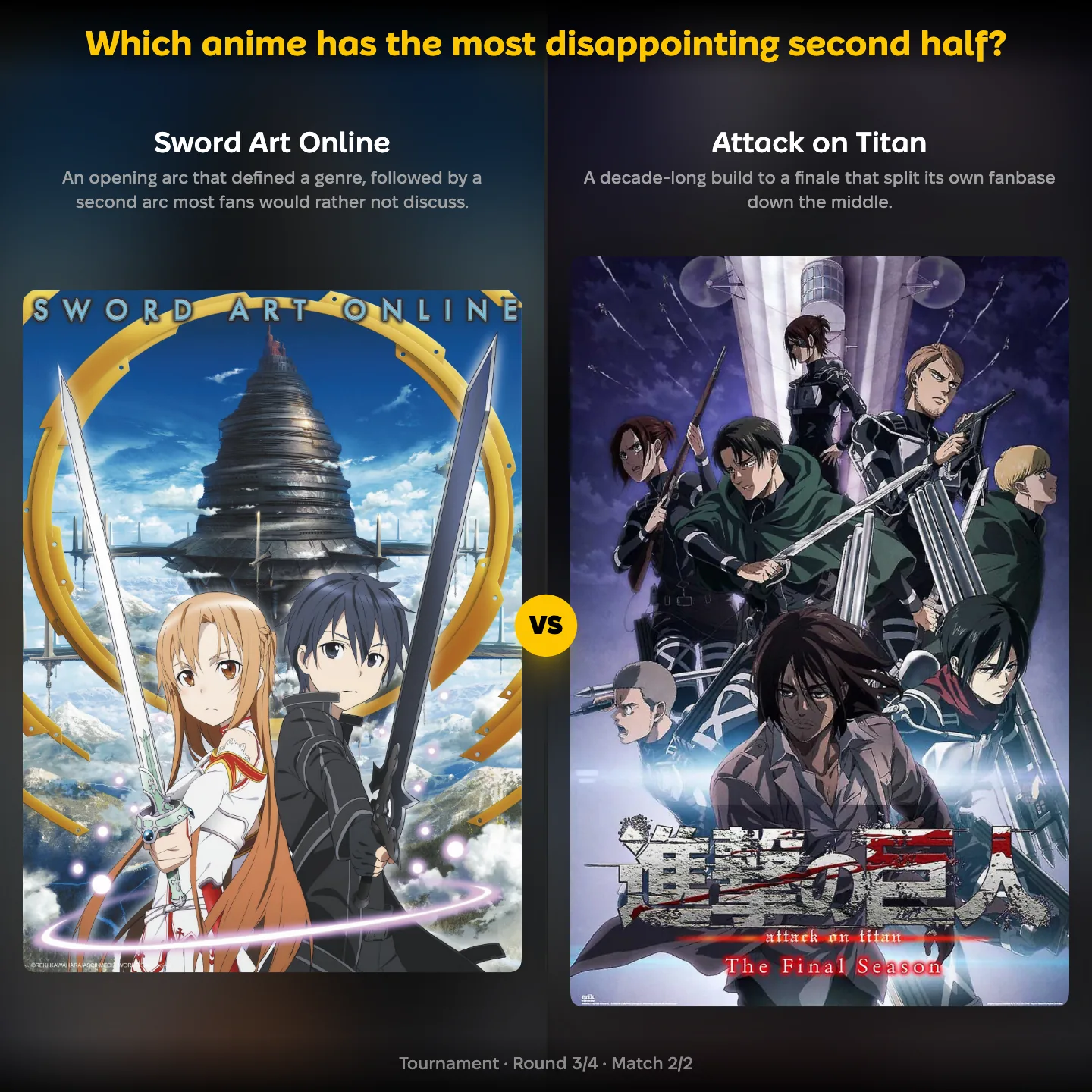 Which anime has the most disappointing second half, with Sword Art Online against Attack on Titan
