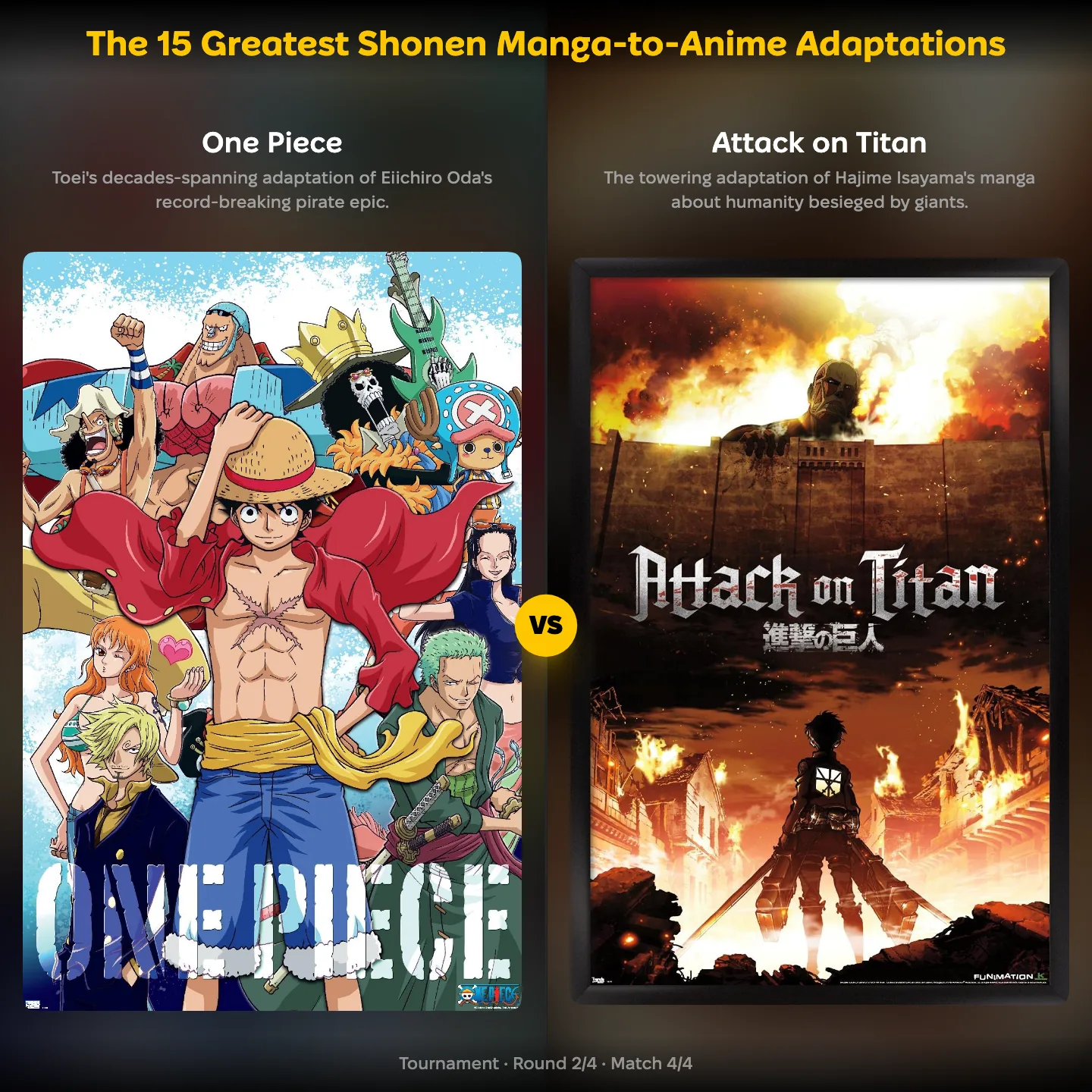 The 15 greatest shonen manga-to-anime adaptations ranked, with One Piece against Attack on Titan