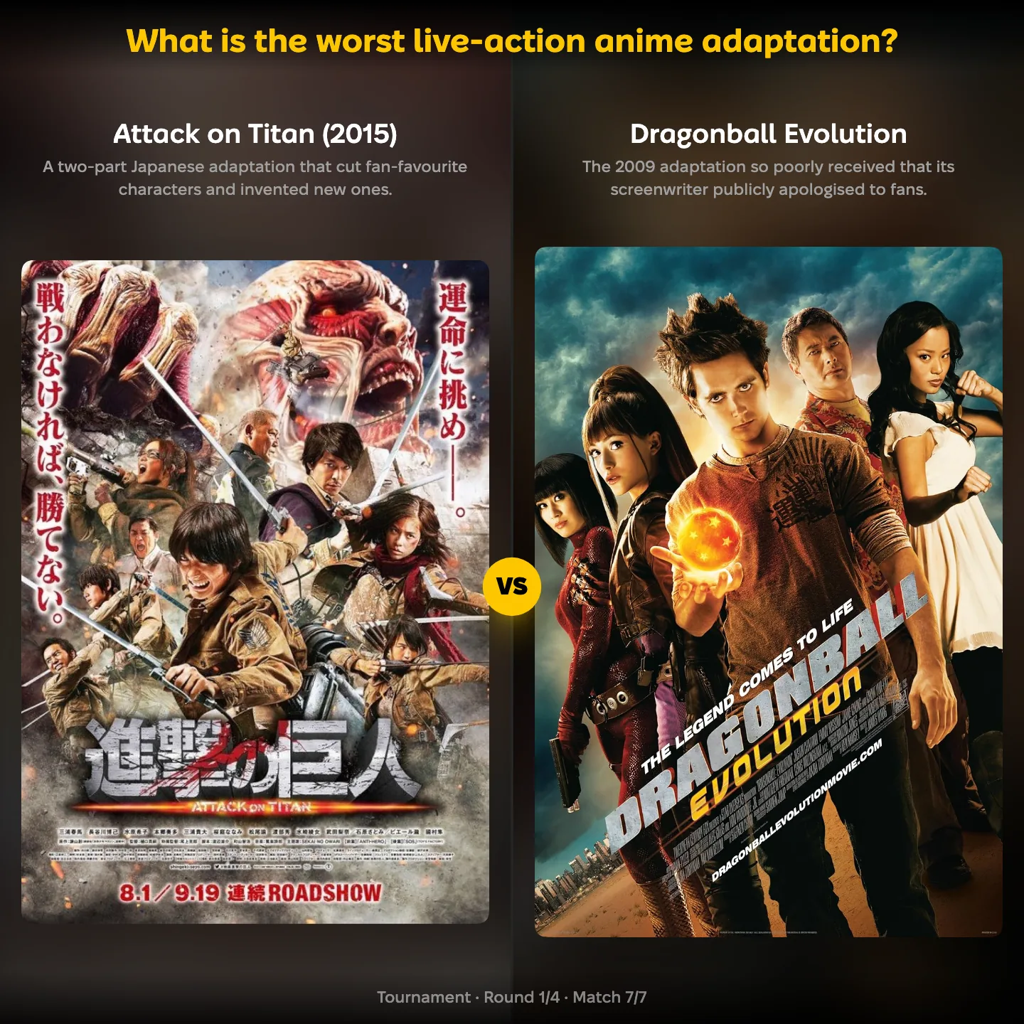 The worst live-action anime adaptation ranked, with Attack on Titan 2015 against Dragonball Evolution