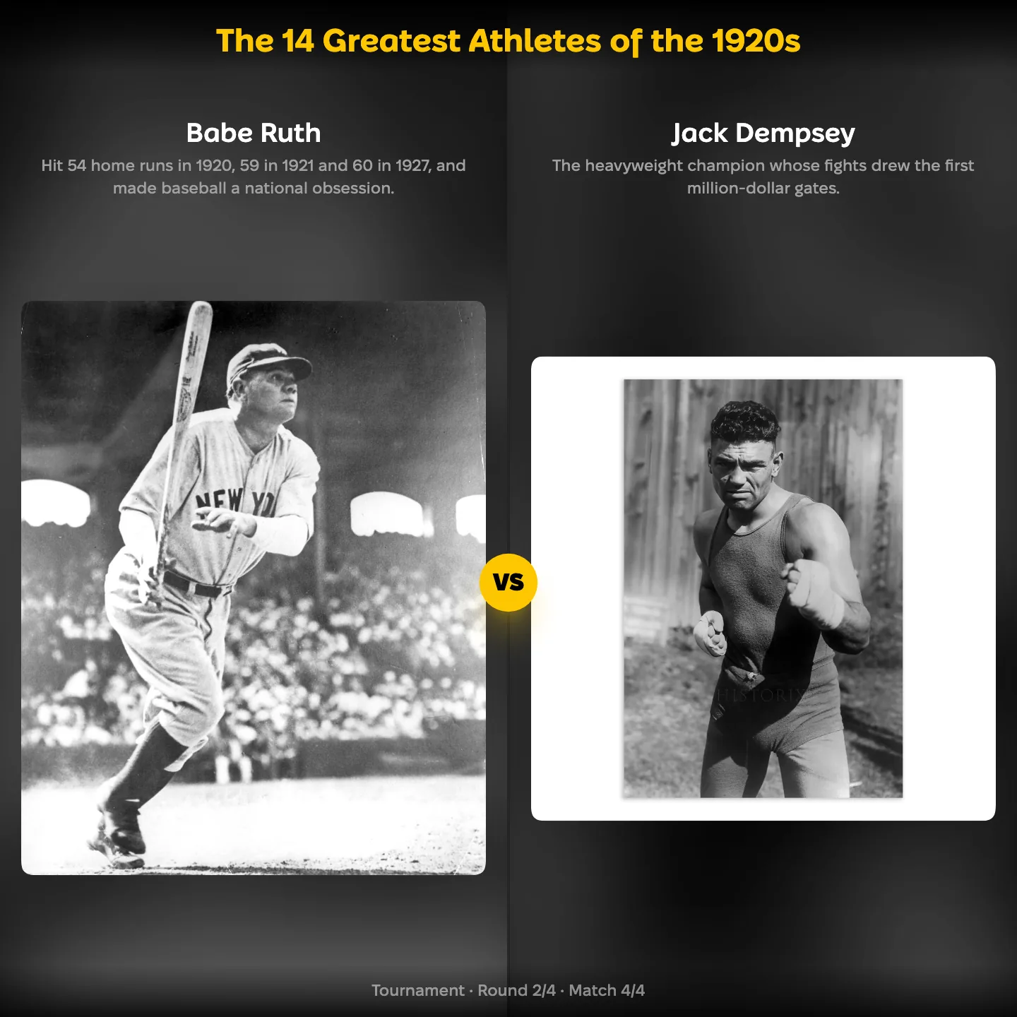 The 14 Greatest Athletes of the 1920s ranking, showing Babe Ruth against Jack Dempsey