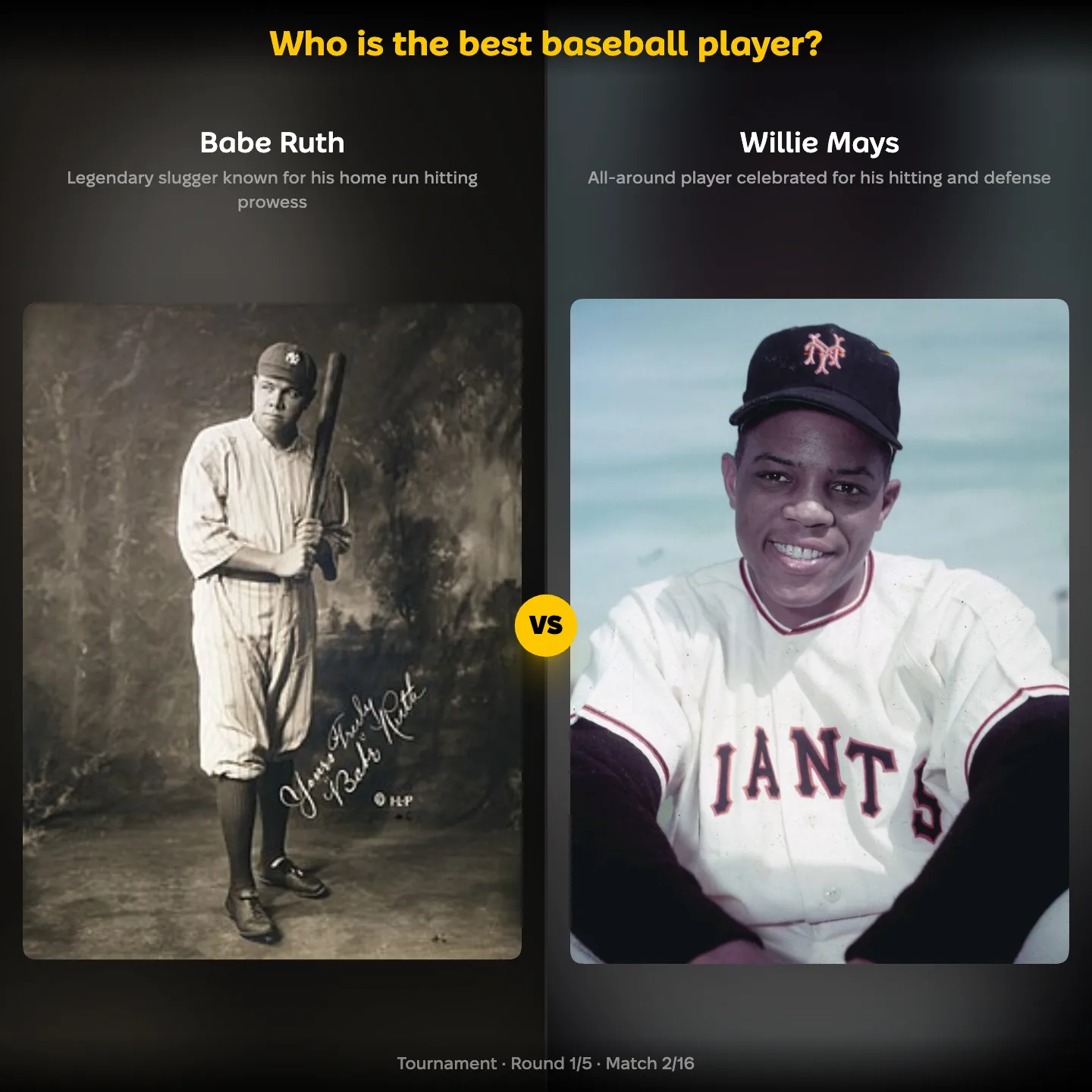 Who is the best baseball player? ranking, showing Babe Ruth against Willie Mays