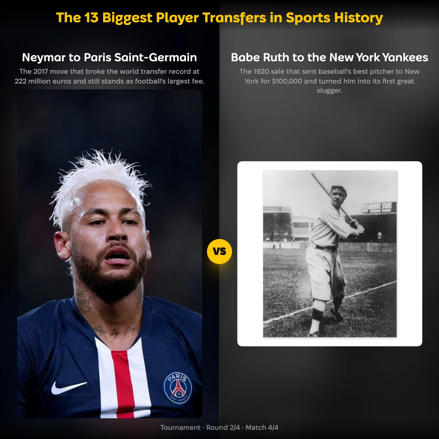 The 13 Biggest Player Transfers in Sports History ranking, showing Neymar to Paris Saint-Germain against Babe Ruth to the New York Yankees
