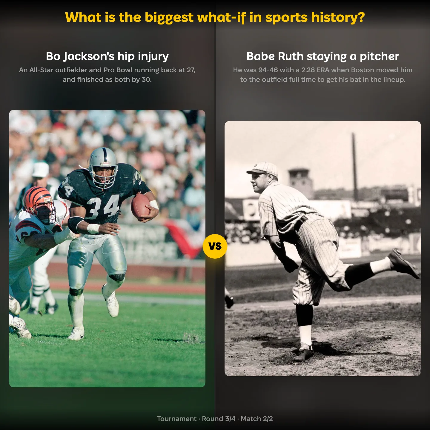What is the biggest what-if in sports history? ranking, showing Bo Jackson's hip injury against Babe Ruth staying a pitcher