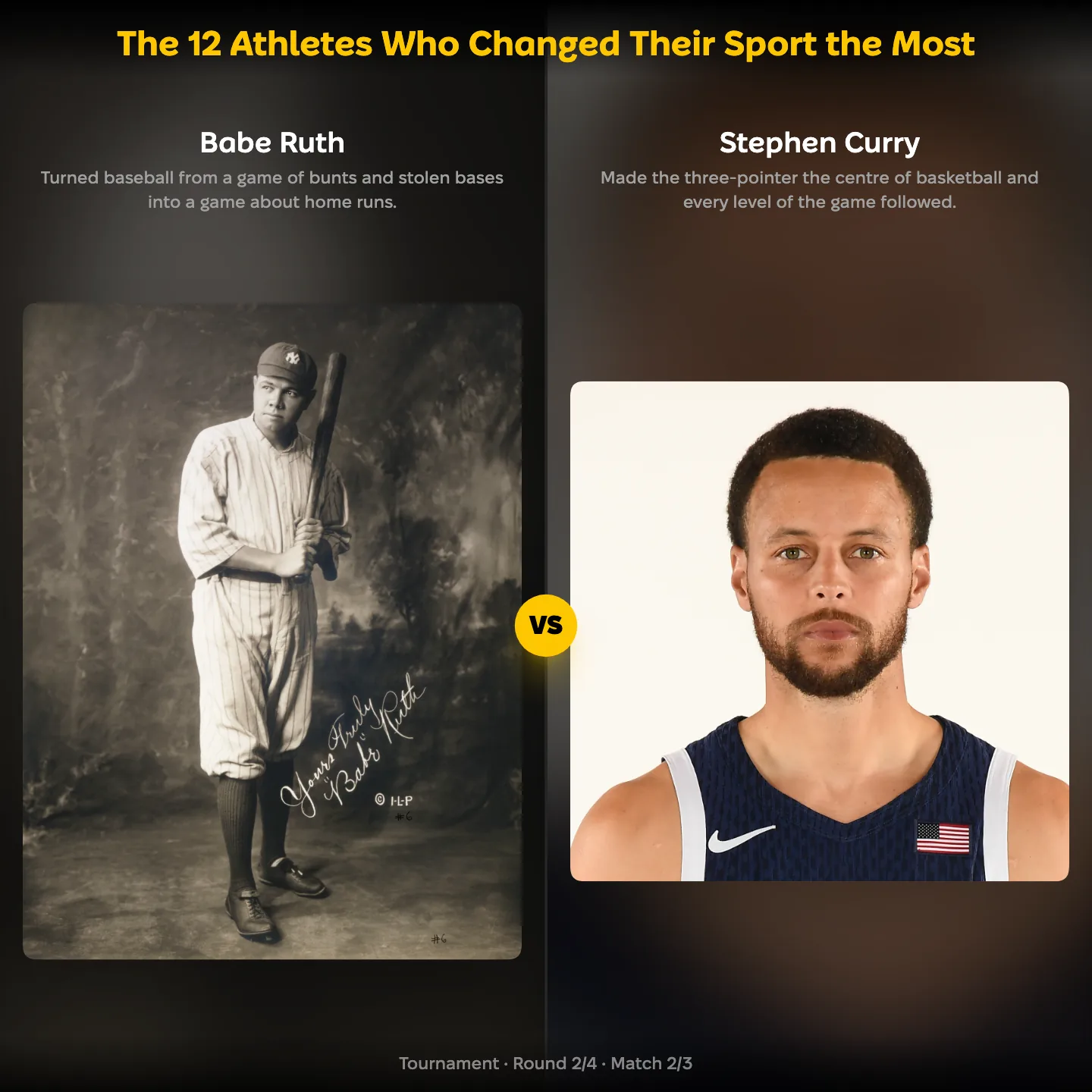 The 12 Athletes Who Changed Their Sport the Most ranking, showing Babe Ruth against Stephen Curry