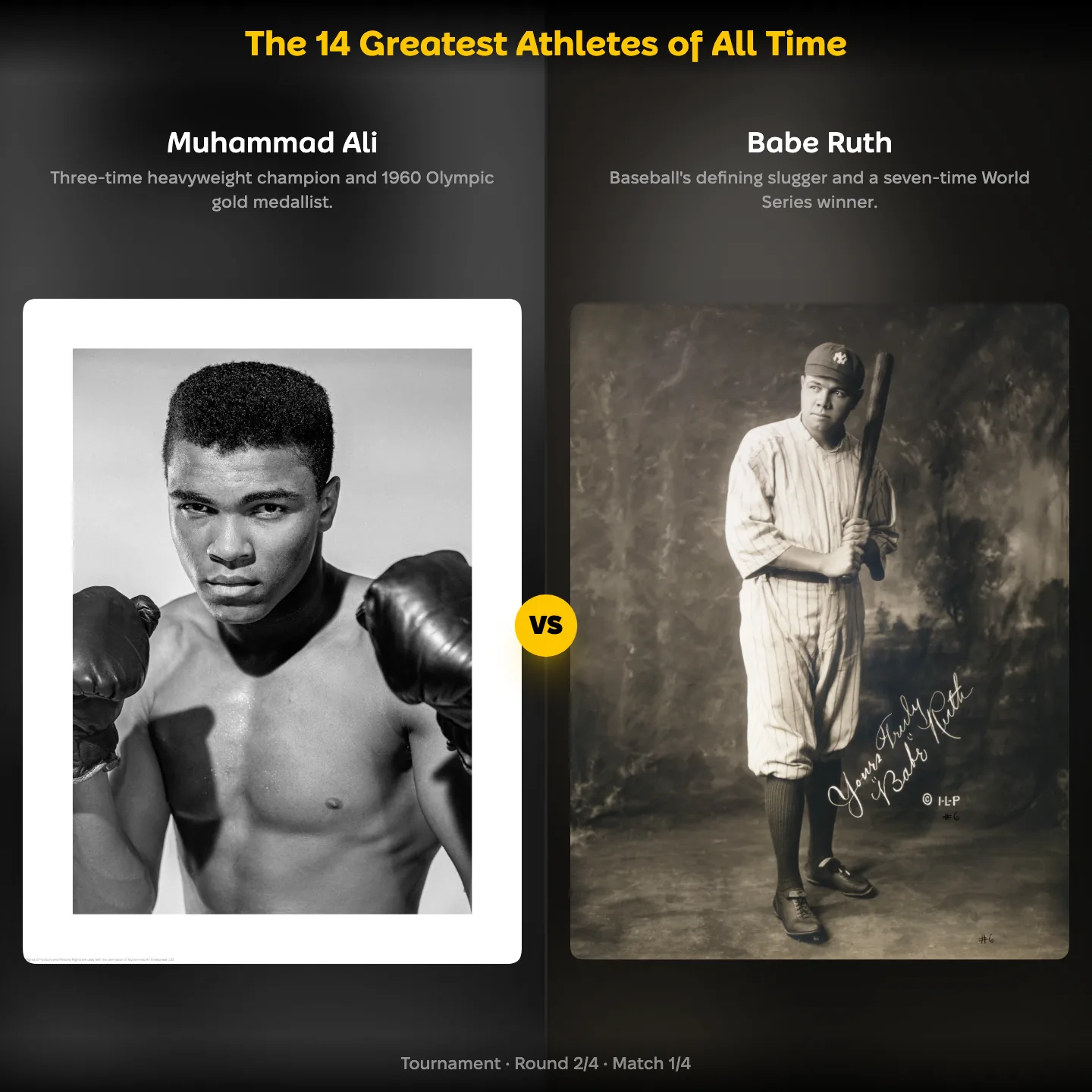 The 14 Greatest Athletes of All Time ranking, showing Muhammad Ali against Babe Ruth