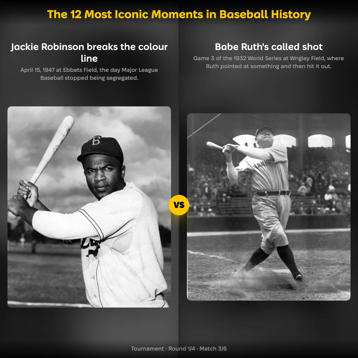 The 12 Most Iconic Moments in Baseball History ranking, showing Jackie Robinson's debut against Babe Ruth's called shot