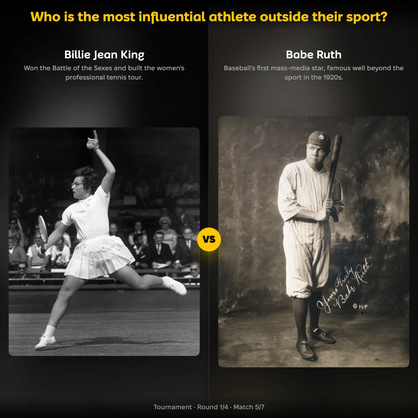 Who is the most influential athlete outside their sport? ranking, showing Billie Jean King against Babe Ruth