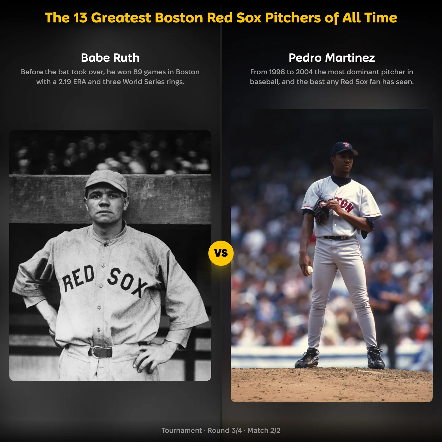 The 13 Greatest Boston Red Sox Pitchers of All Time ranking, showing Babe Ruth against Pedro Martinez