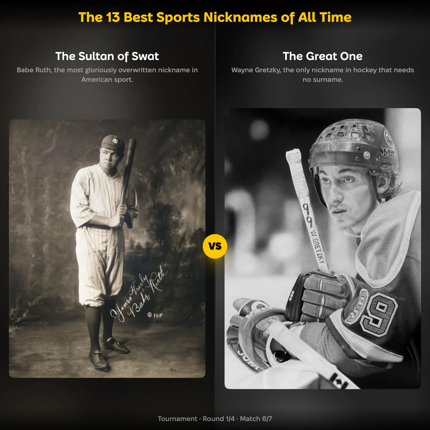 The 13 Best Sports Nicknames of All Time ranking, showing The Sultan of Swat against The Great One