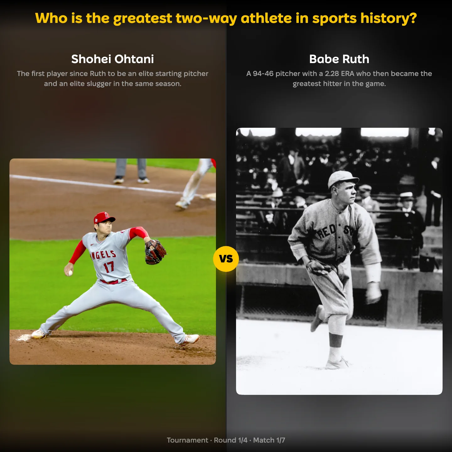 Who is the greatest two-way athlete in sports history? ranking, showing Shohei Ohtani against Babe Ruth