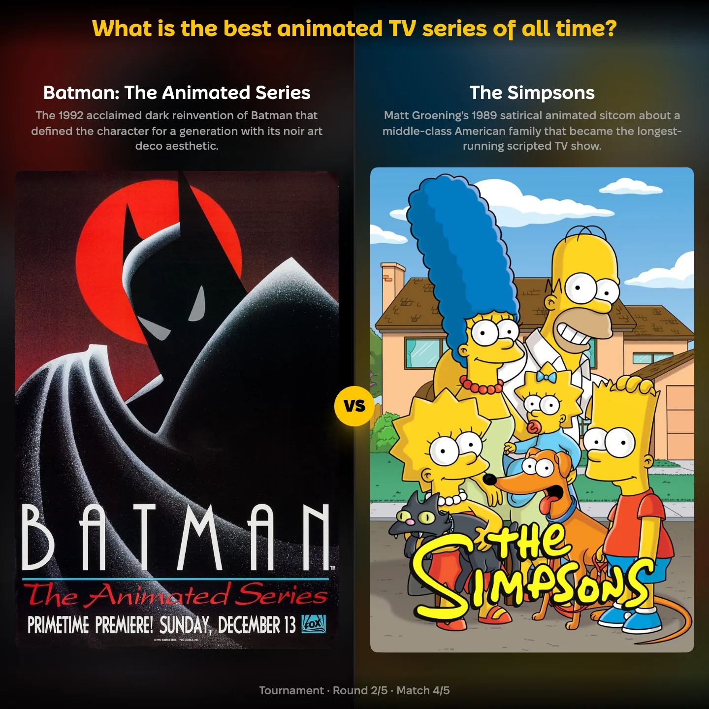 Batman ranking matchup: Batman: The Animated Series against The Simpsons in the best animated TV series ranking